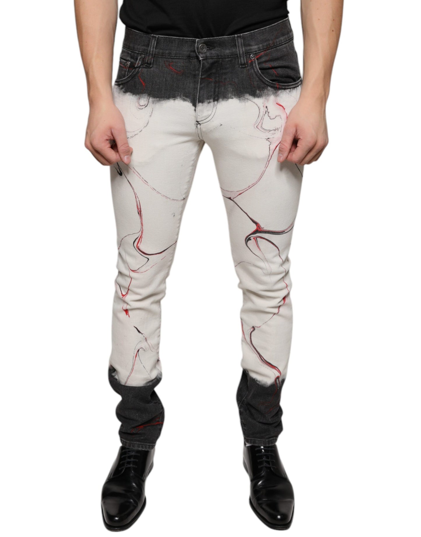 Dolce & Gabbana Black White Printed Skinny Men Denim Jeans IT48 / M