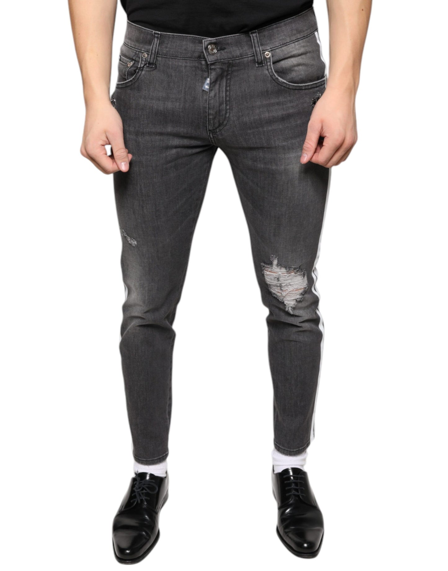 Dolce & Gabbana Black Tattered Cotton Skinny Men Denim Jeans IT48 / M