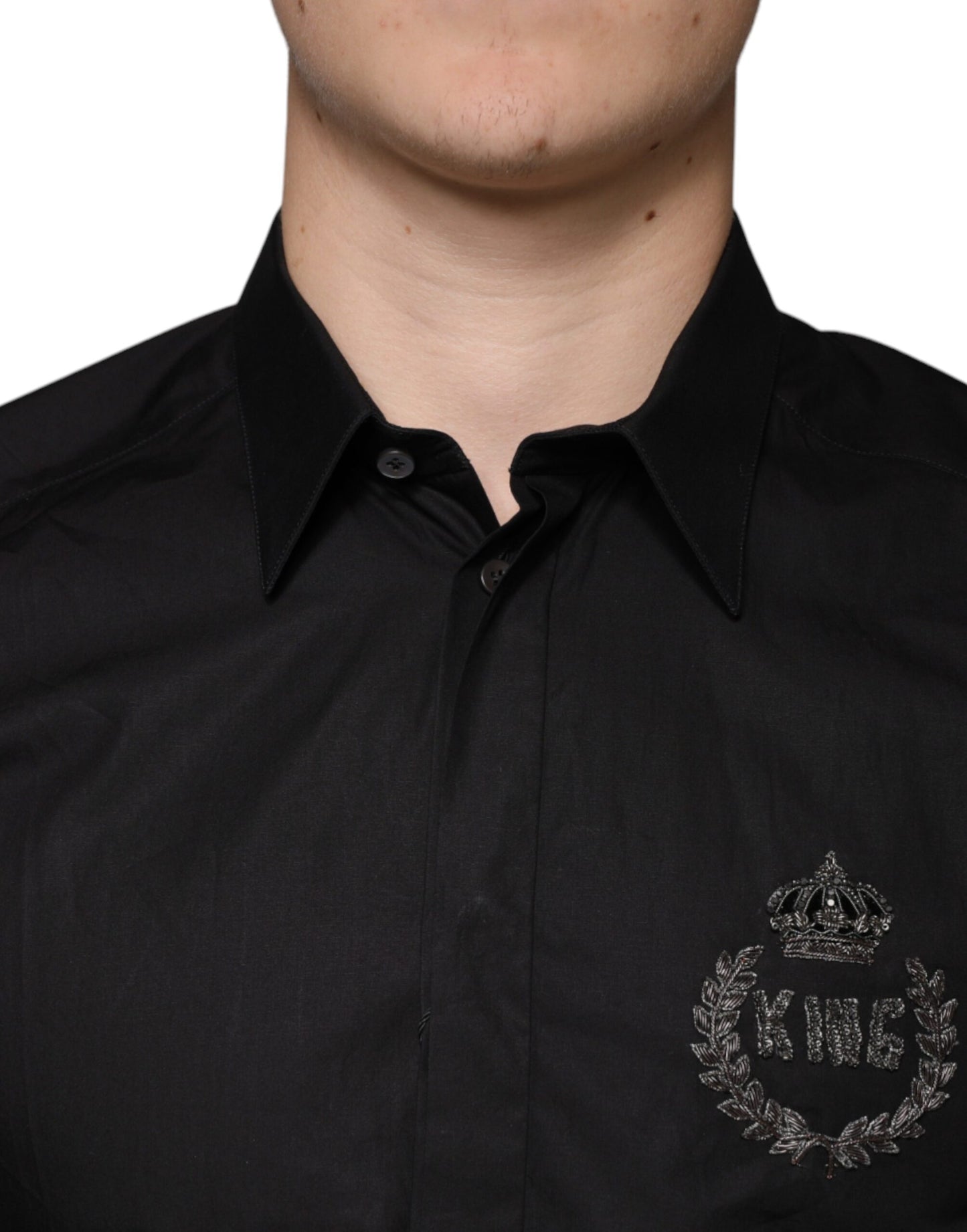 Dolce & Gabbana Black King Crown Embroidered GOLD Dress Shirt IT39 / S