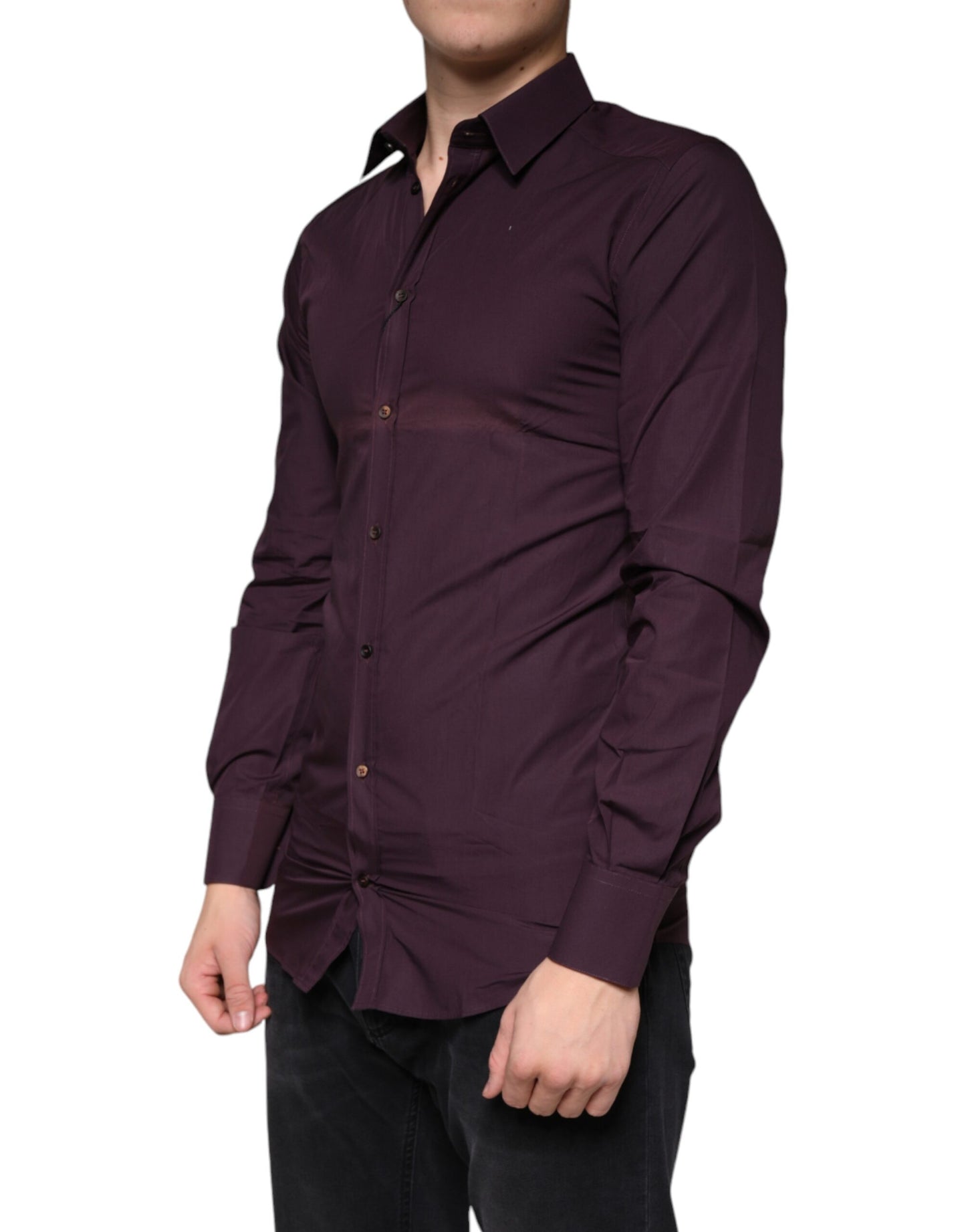 Dolce & Gabbana Dark Violet Cotton Dress GOLD Men Formal Shirt IT38 / XS