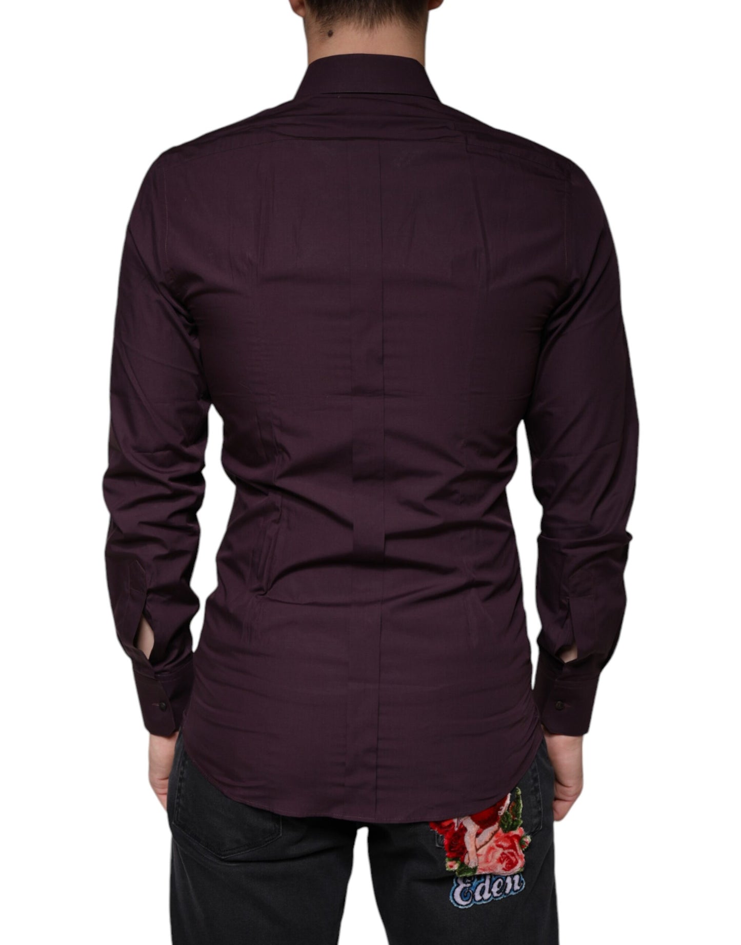 Dolce & Gabbana Dark Violet Cotton Dress GOLD Men Formal Shirt IT38 / XS