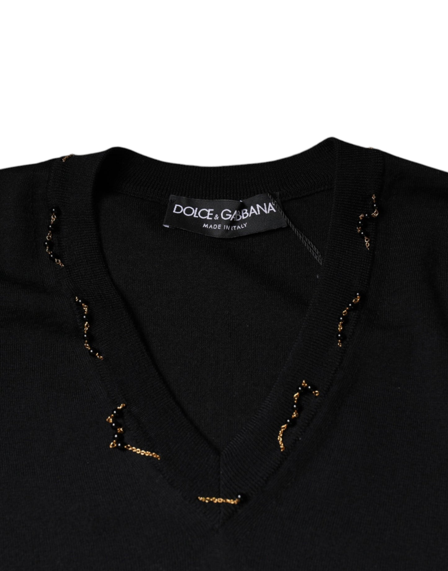 Dolce & Gabbana Black Embellished V-neck Pullover Sweater IT42 / XS