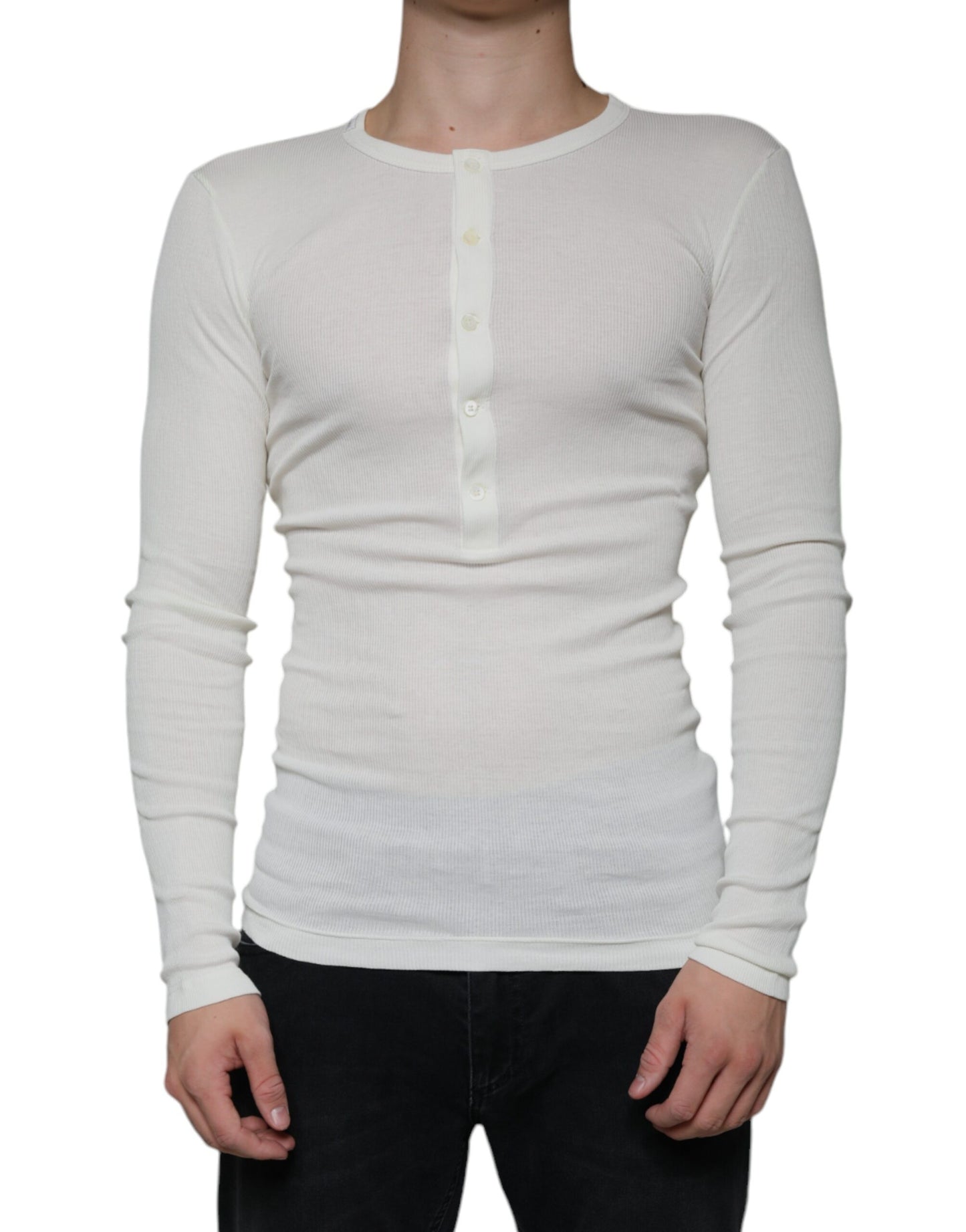 Dolce & Gabbana White Cotton Henley Crew Neck Pullover Sweater IT46 / S