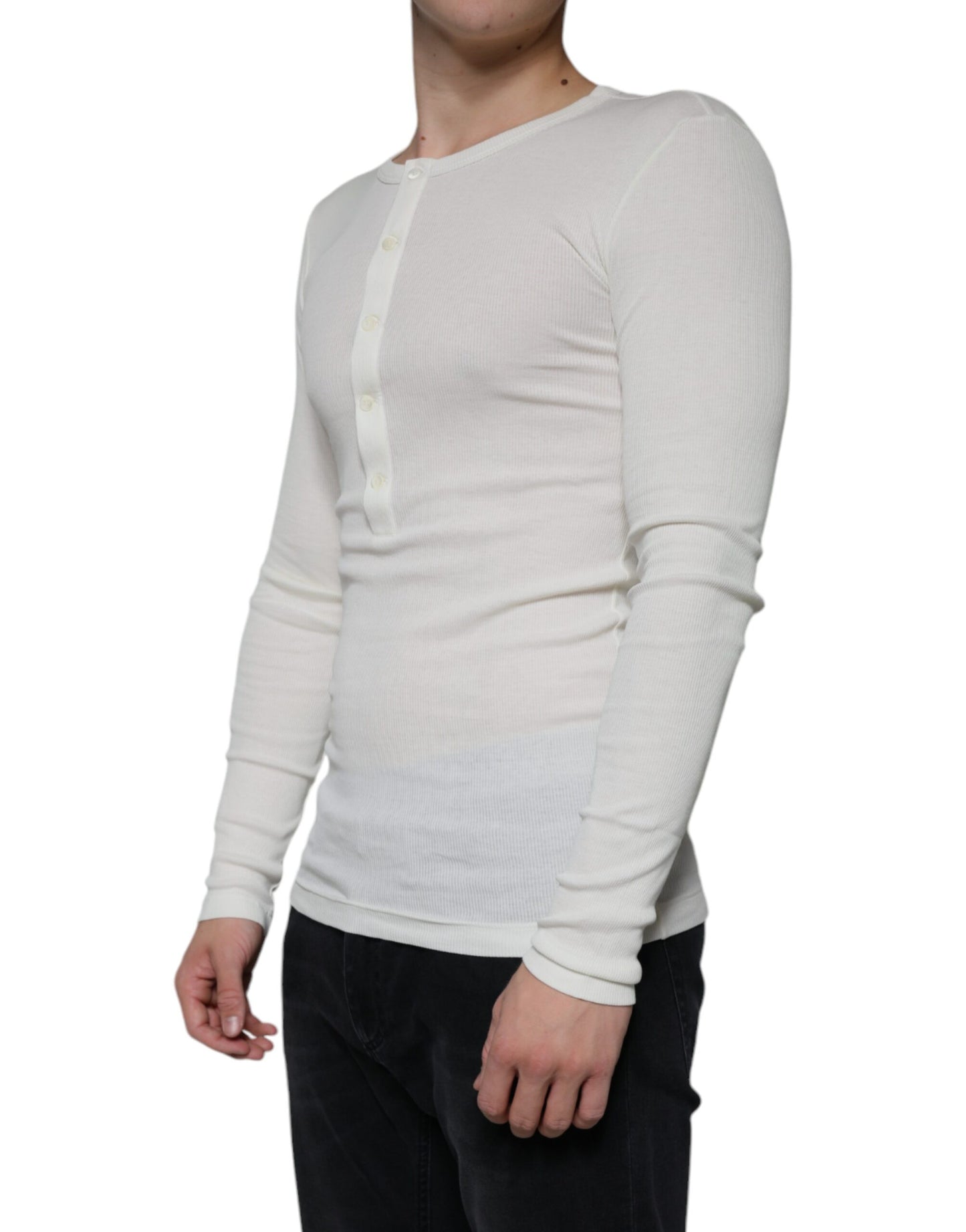 Dolce & Gabbana White Cotton Henley Crew Neck Pullover Sweater IT46 / S