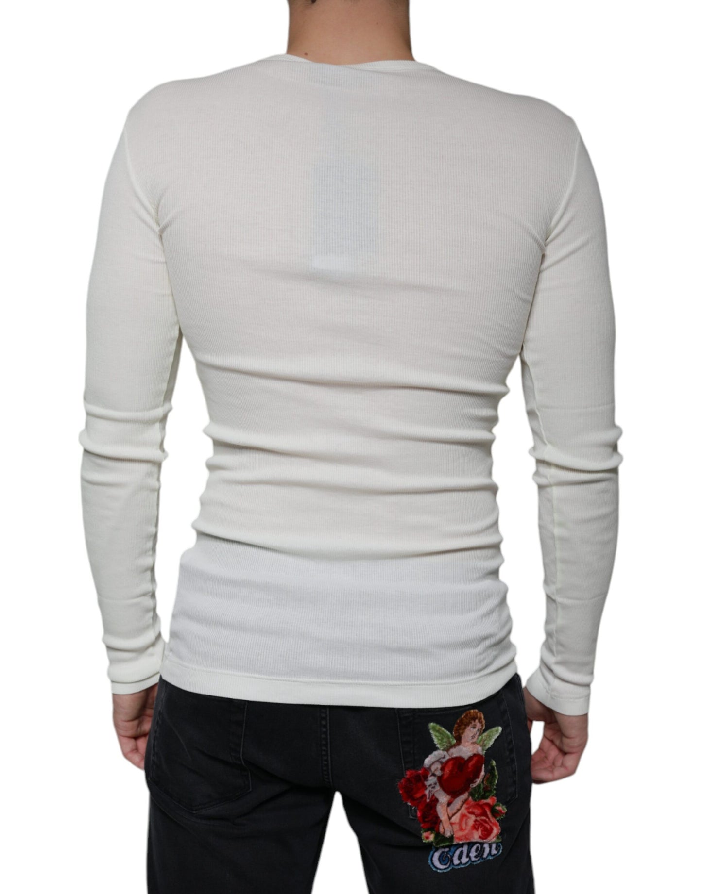 Dolce & Gabbana White Cotton Henley Crew Neck Pullover Sweater IT46 / S