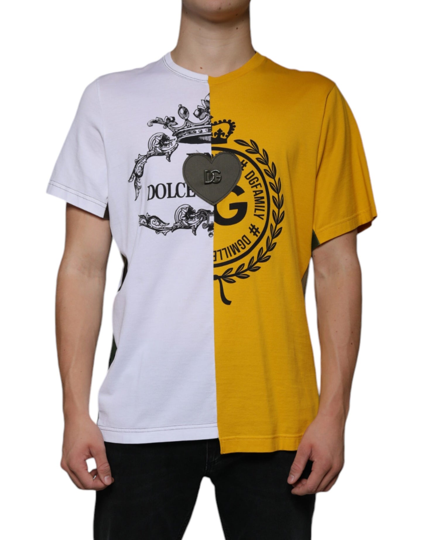 Dolce & Gabbana White Yellow Logo Print Short Sleeve T-shirt IT50 / L