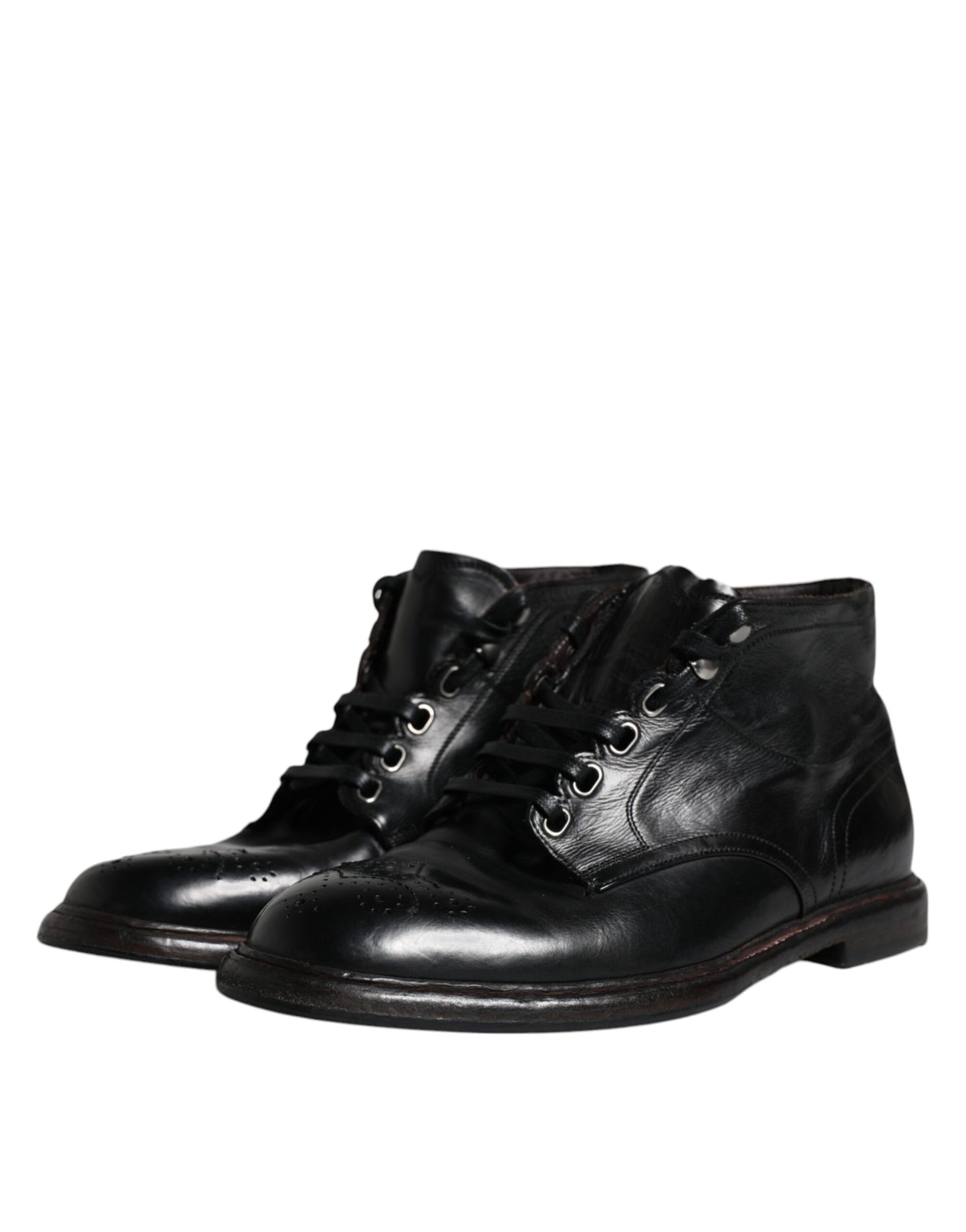 Dolce & Gabbana Black Leather Men Short Boots Lace Up Shoes EU41.5 / US8.5