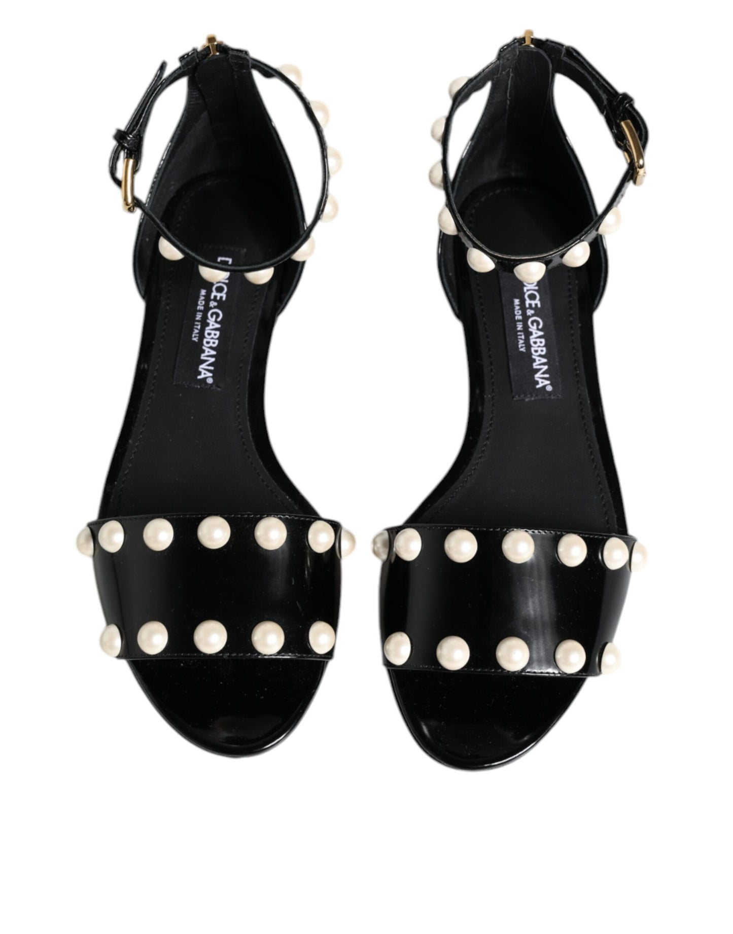 Dolce & Gabbana Black Leather Pearls Ankle Strap Sandals Shoes EU38 / US8