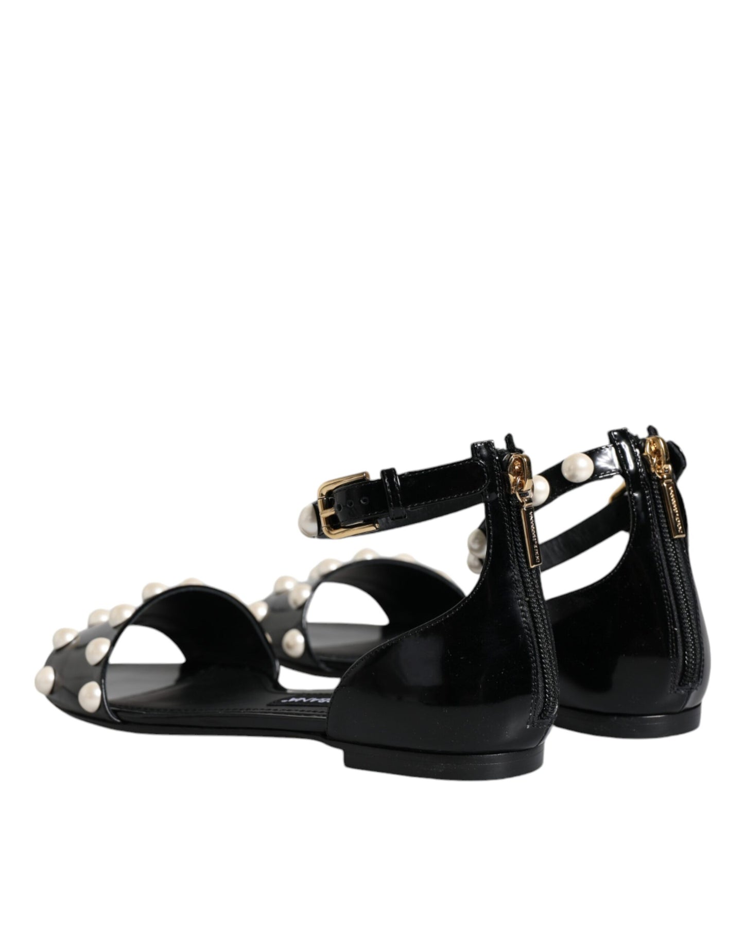 Dolce & Gabbana Black Leather Pearls Ankle Strap Sandals Shoes EU38 / US8