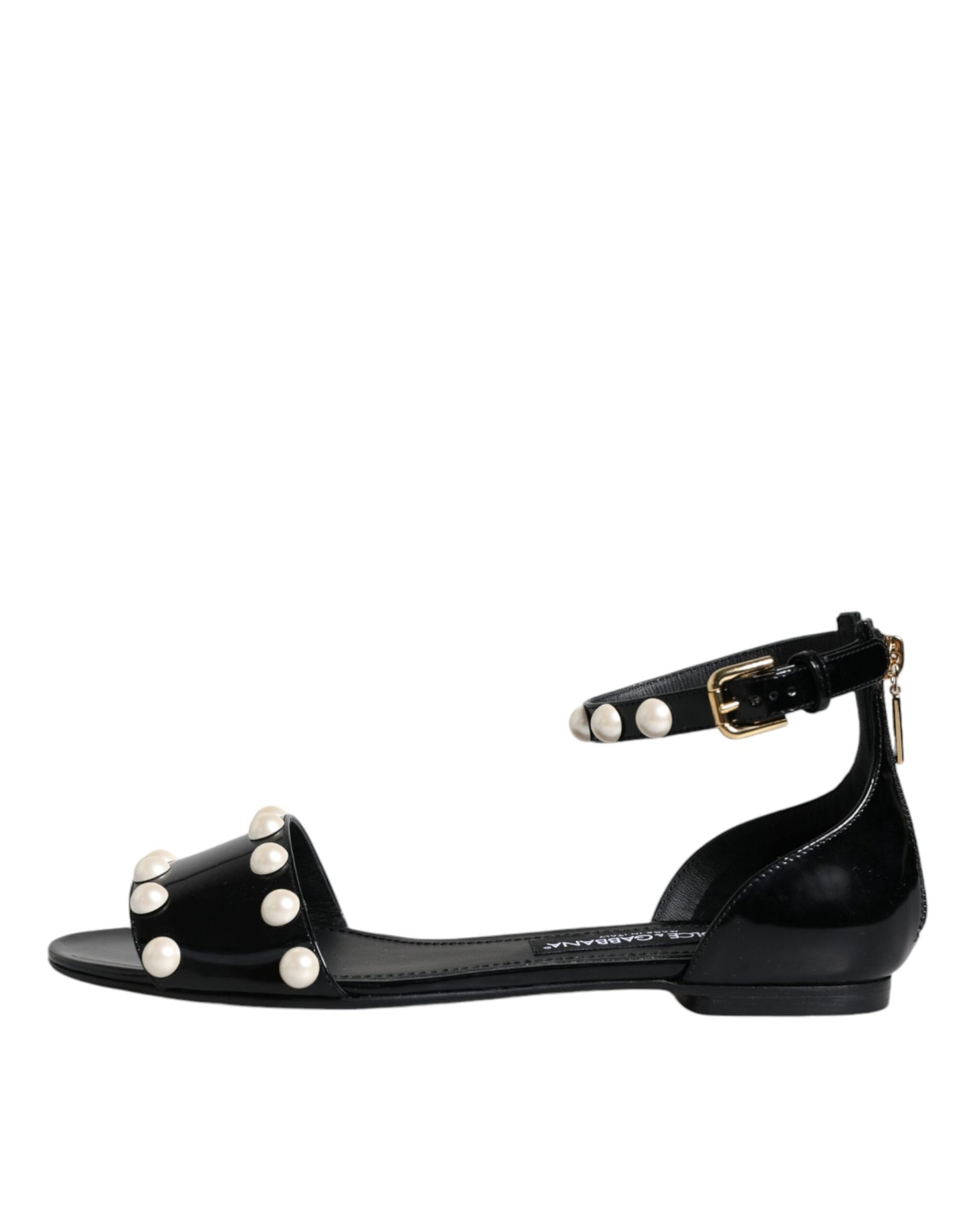 Dolce & Gabbana Black Leather Pearls Ankle Strap Sandals Shoes EU38 / US8