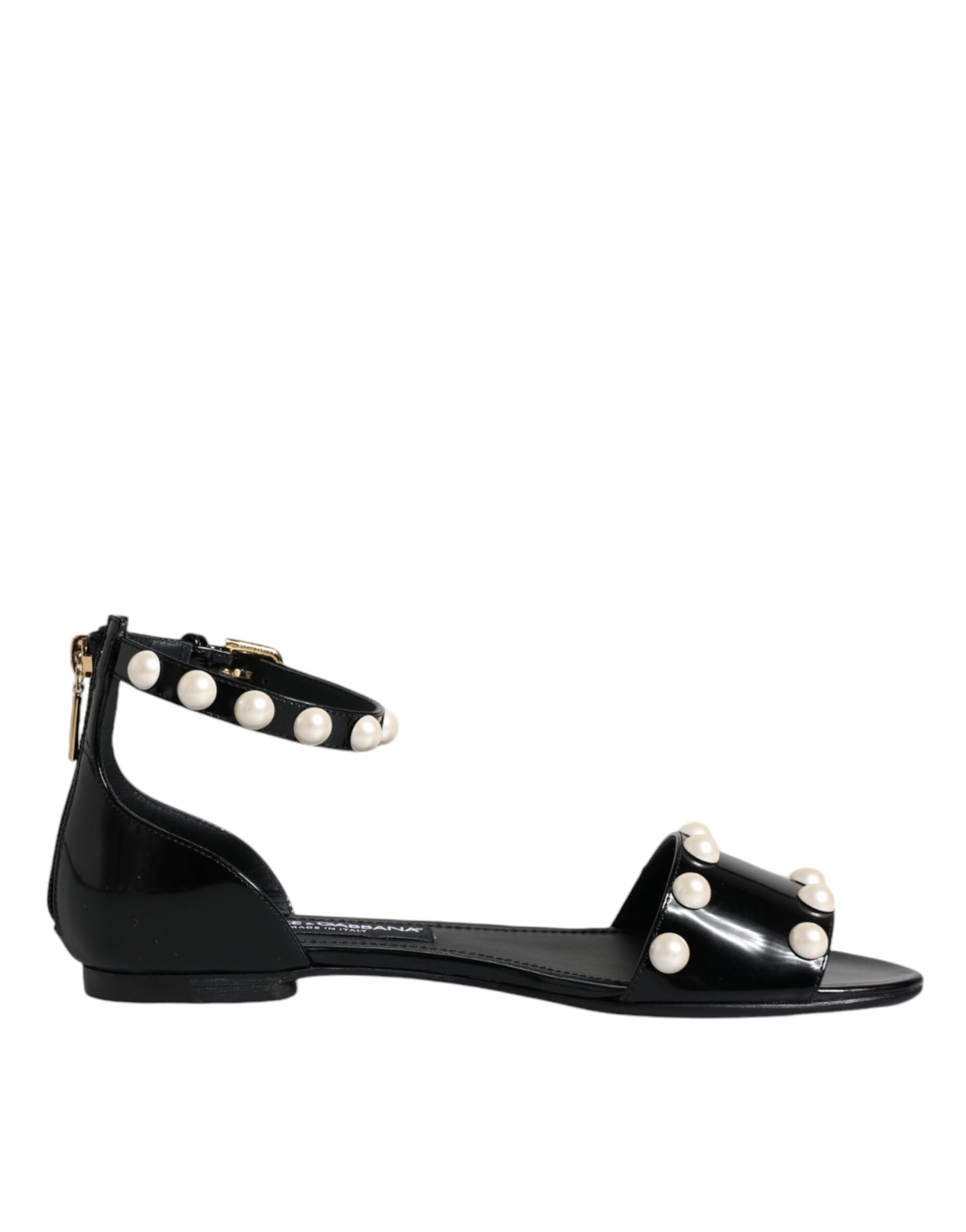 Dolce & Gabbana Black Leather Pearls Ankle Strap Sandals Shoes EU38 / US8