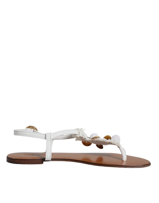 Dolce & Gabbana White Leather Coins Flip Flops Sandals Shoes EU40 / US10