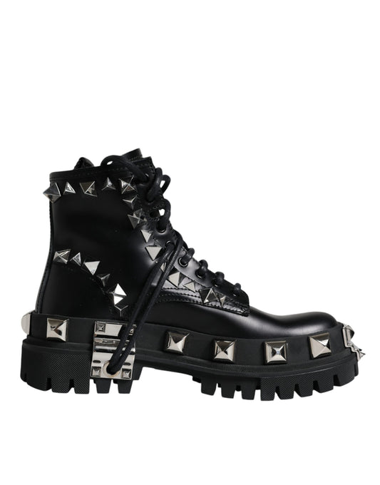 Dolce & Gabbana Black Leather Studded Trekking Boots Shoes EU39.5 / US9.5