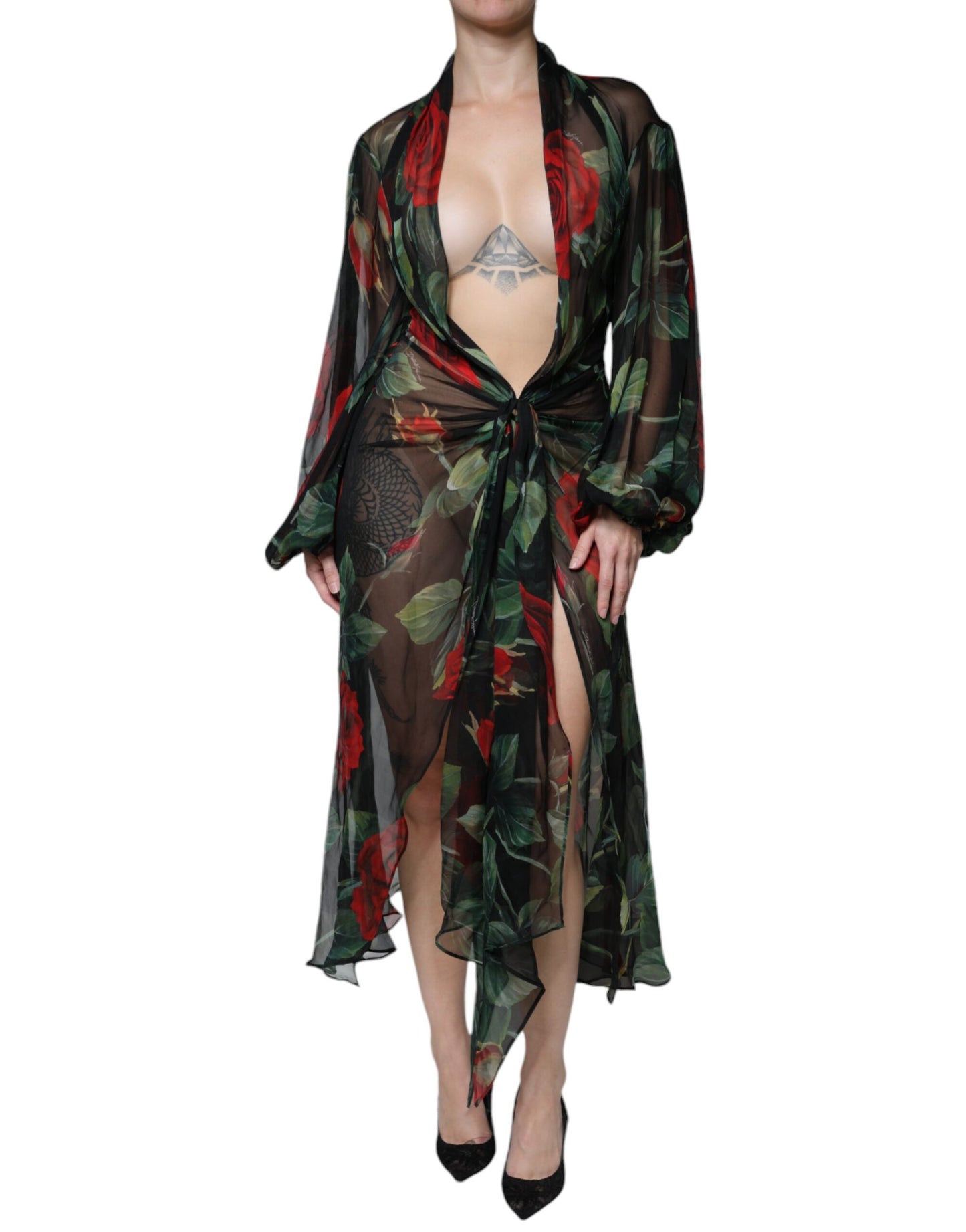 Dolce & Gabbana Black Floral Silk Wrap See Through Dress IT42 / M