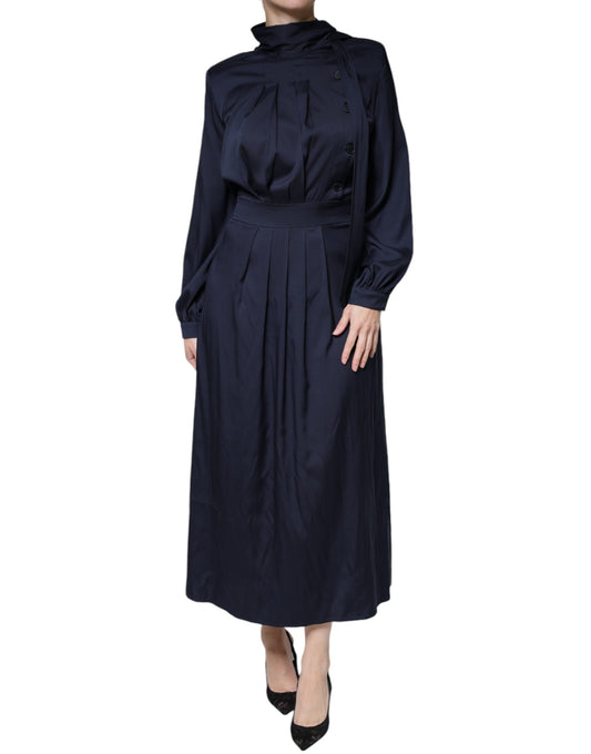 Ballantyne Dark Blue Long Sleeves Pleated A-line Maxi Dress IT40 | S