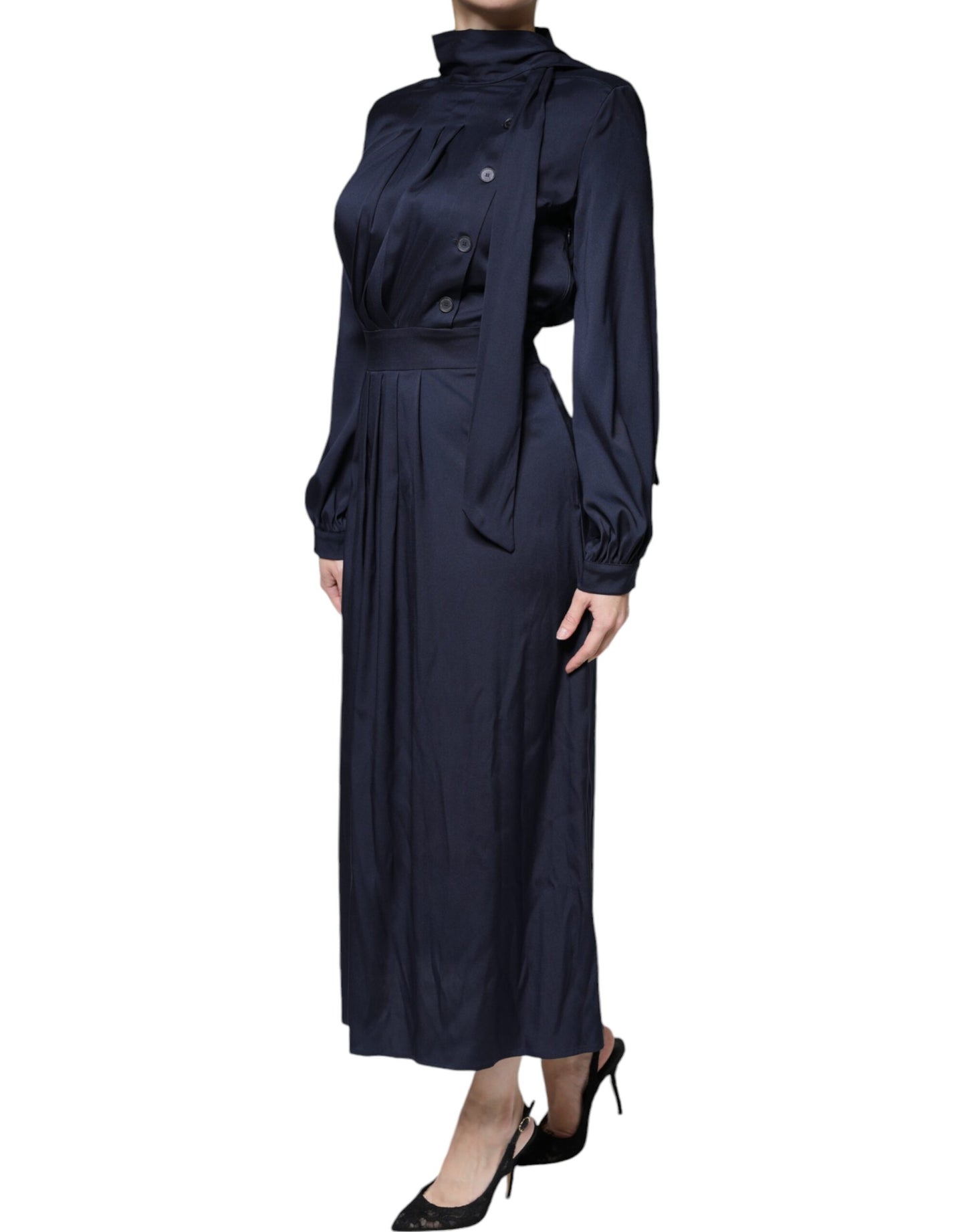 Ballantyne Dark Blue Long Sleeves Pleated A-line Maxi Dress IT40 | S