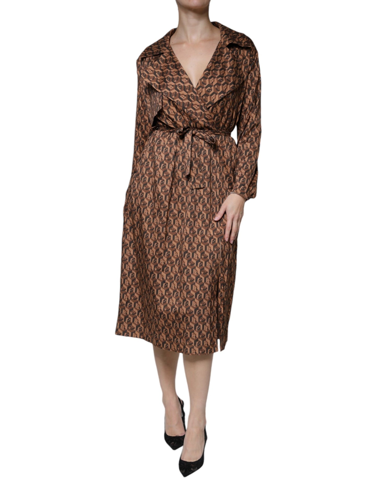 Ballantyne Brown Printed Long Sleeves V-neck Wrap Midi Dress IT40 | S