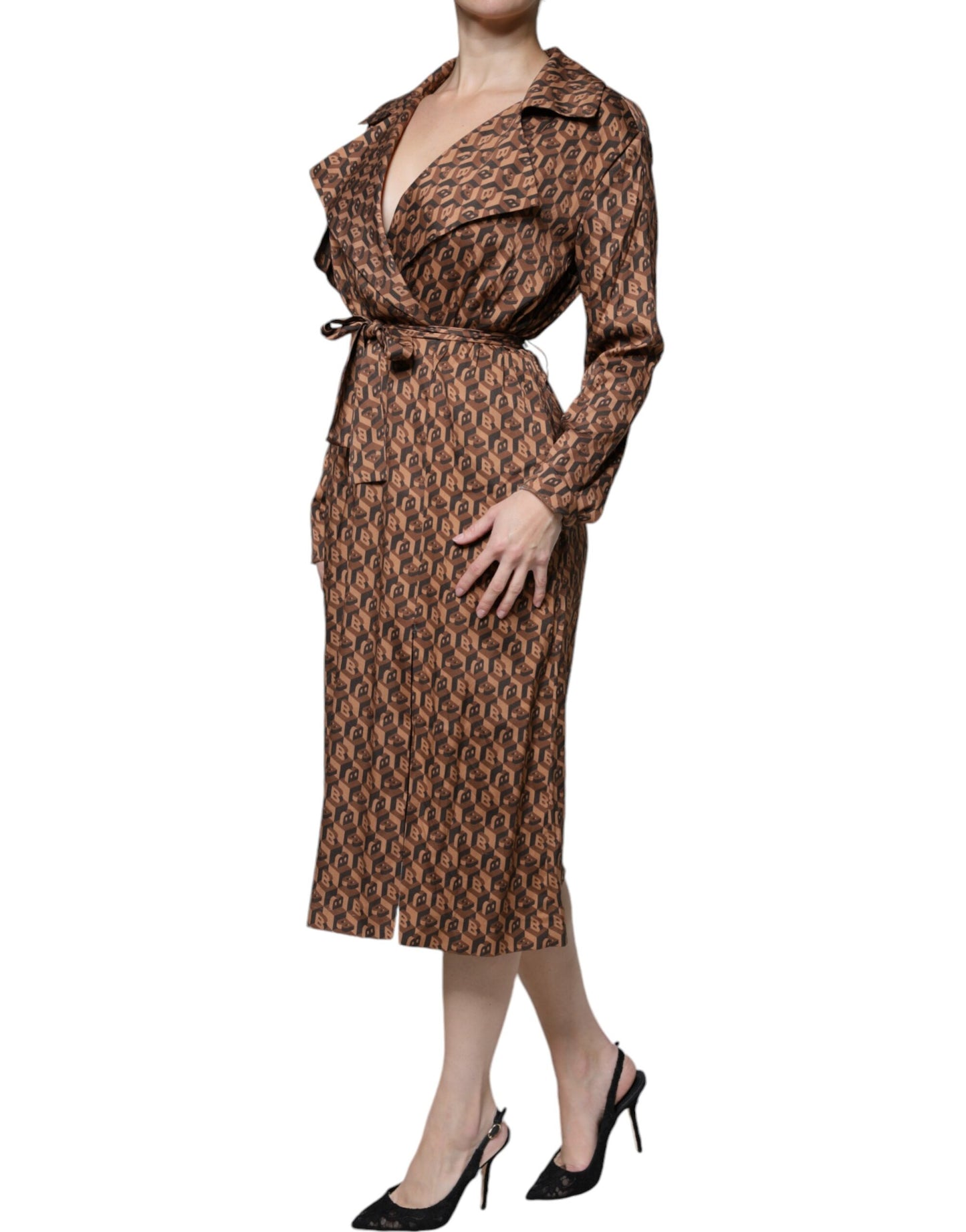 Ballantyne Brown Printed Long Sleeves V-neck Wrap Midi Dress IT40 | S