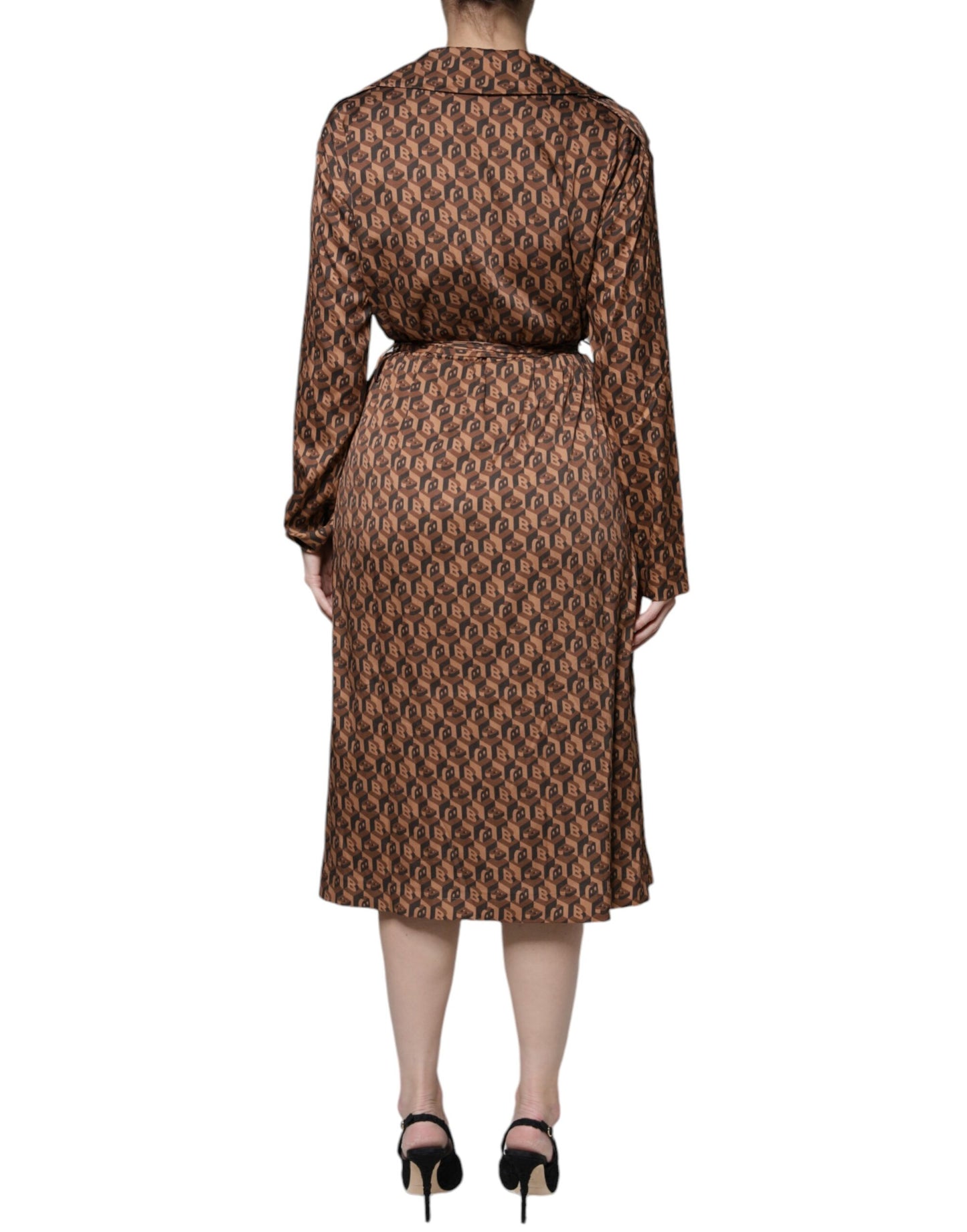 Ballantyne Brown Printed Long Sleeves V-neck Wrap Midi Dress IT40 | S