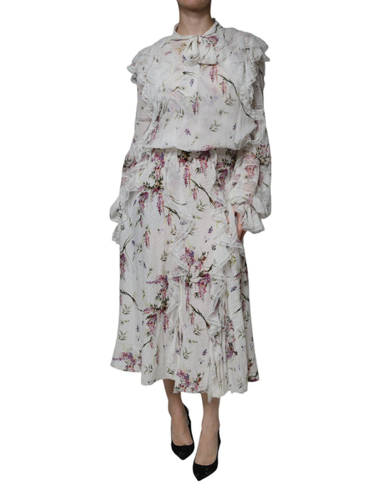 Ermanno Scervino White Floral Ruffles Lace Long Sleeves Maxi Dress IT44 | L