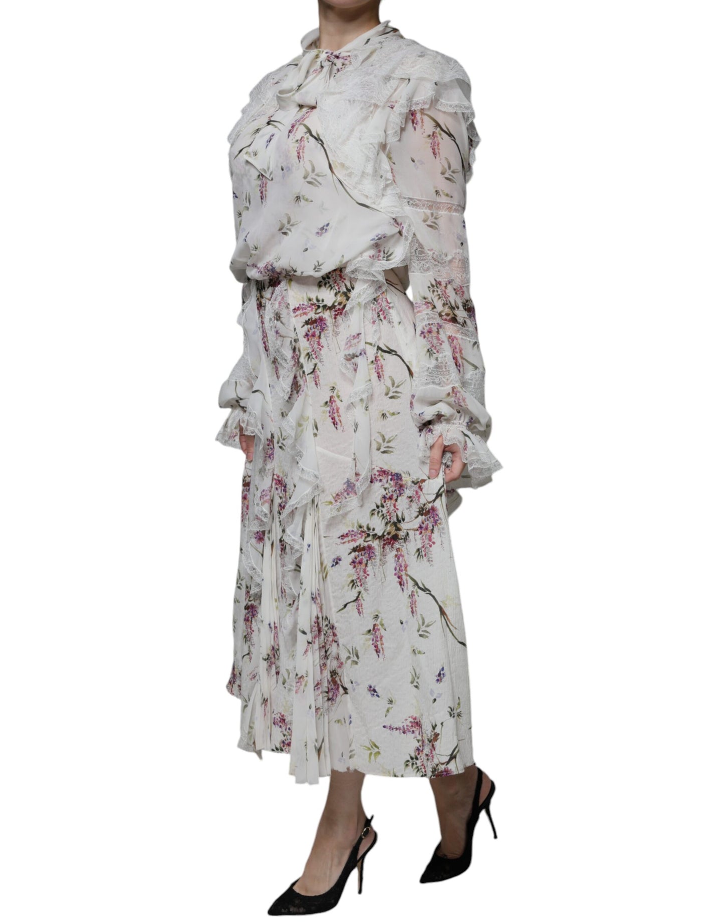 Ermanno Scervino White Floral Ruffles Lace Long Sleeves Maxi Dress IT44 | L