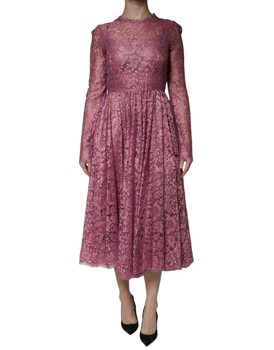 Dolce & Gabbana Fuchsia Floral Lace Long Sleeve Maxi Dress IT48 / XXL