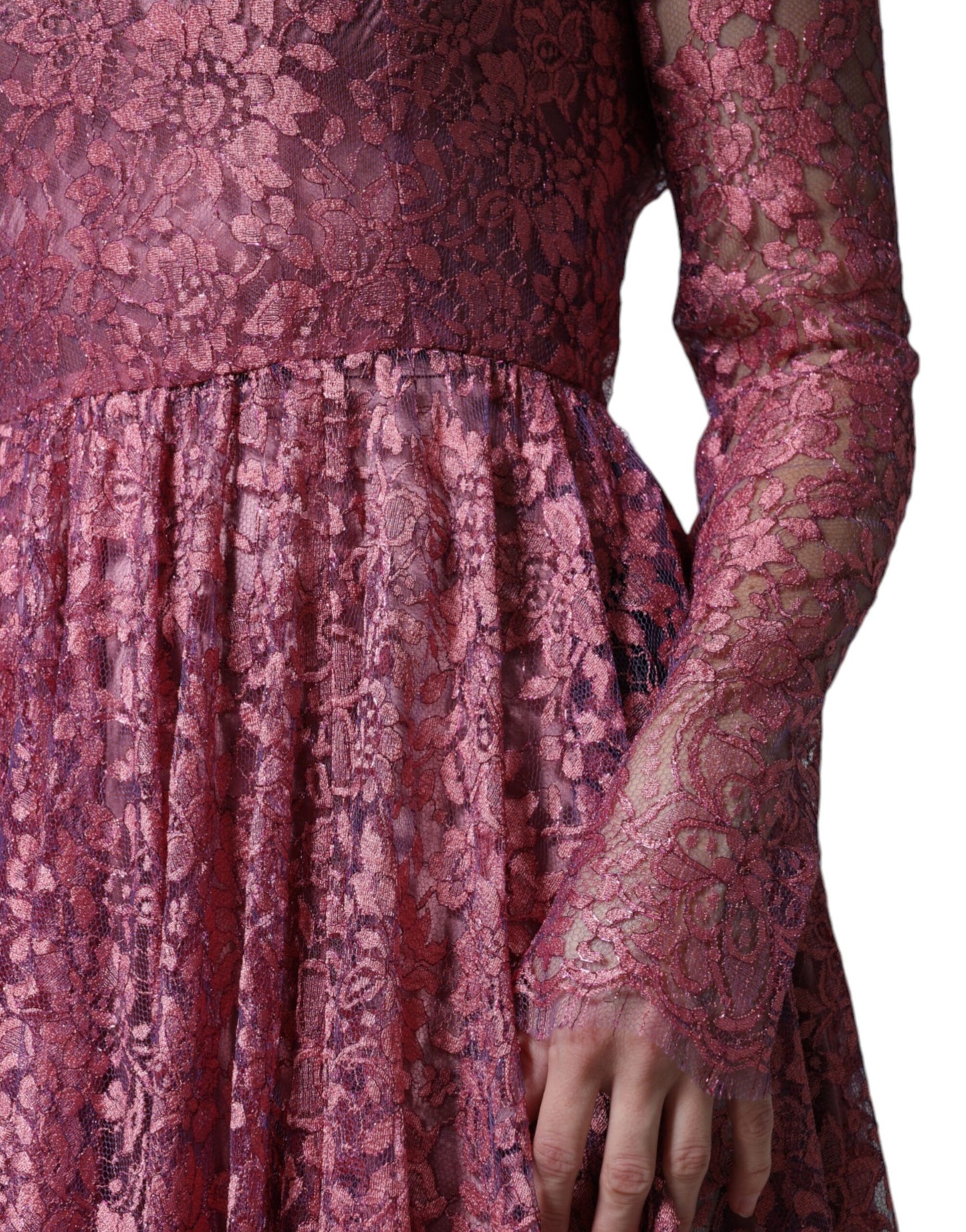 Dolce & Gabbana Fuchsia Floral Lace Long Sleeve Maxi Dress IT48 / XXL