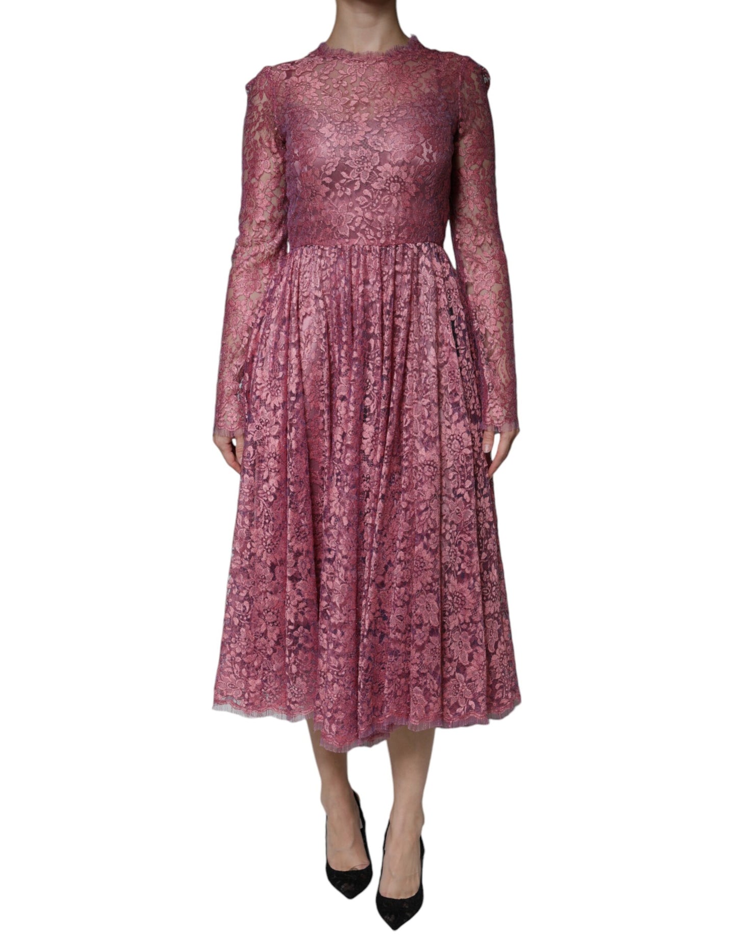 Dolce & Gabbana Fuchsia Floral Lace Long Sleeve Maxi Dress IT42 / M