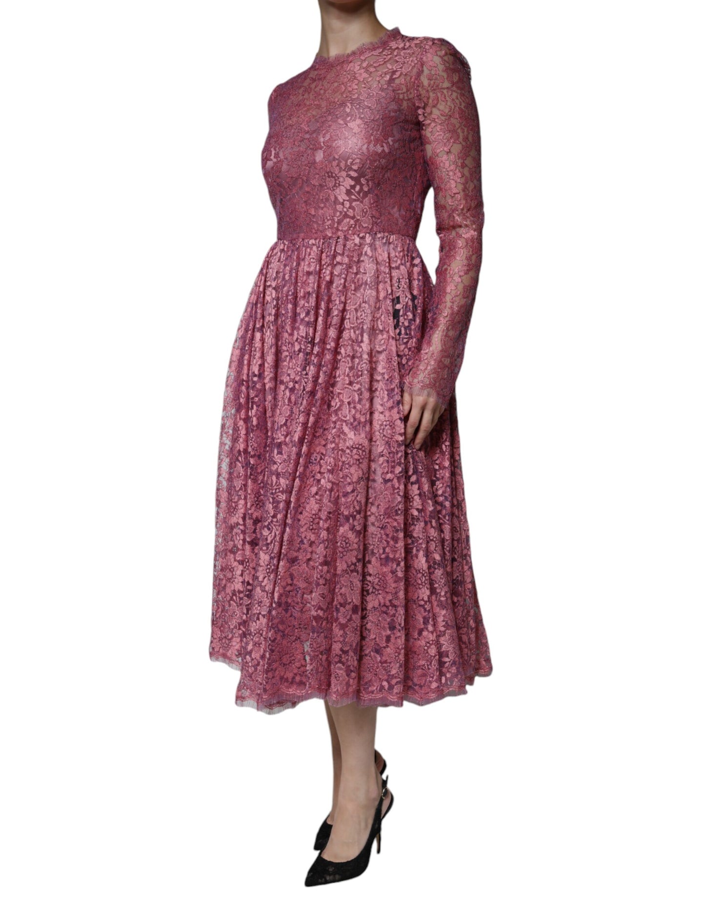 Dolce & Gabbana Fuchsia Floral Lace Long Sleeve Maxi Dress IT42 / M