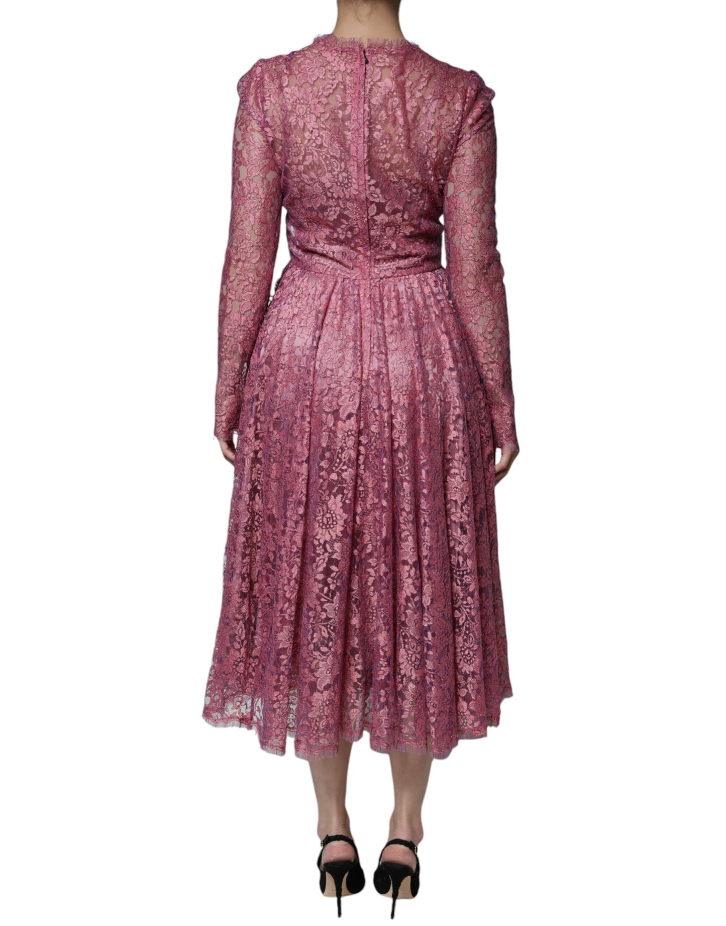 Dolce & Gabbana Fuchsia Floral Lace Long Sleeve Maxi Dress IT42 / M