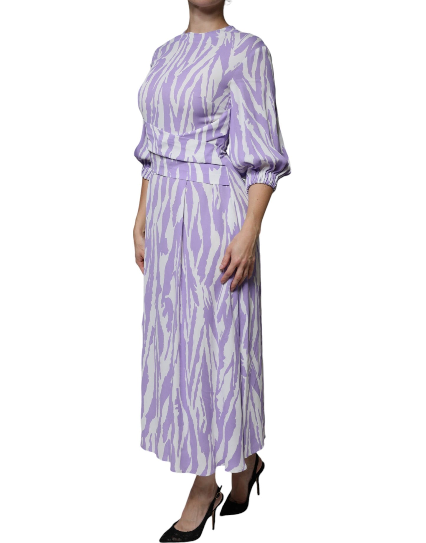 MSGM White Purple Patterned Viscose Short Sleeves Maxi Dress IT40 | S