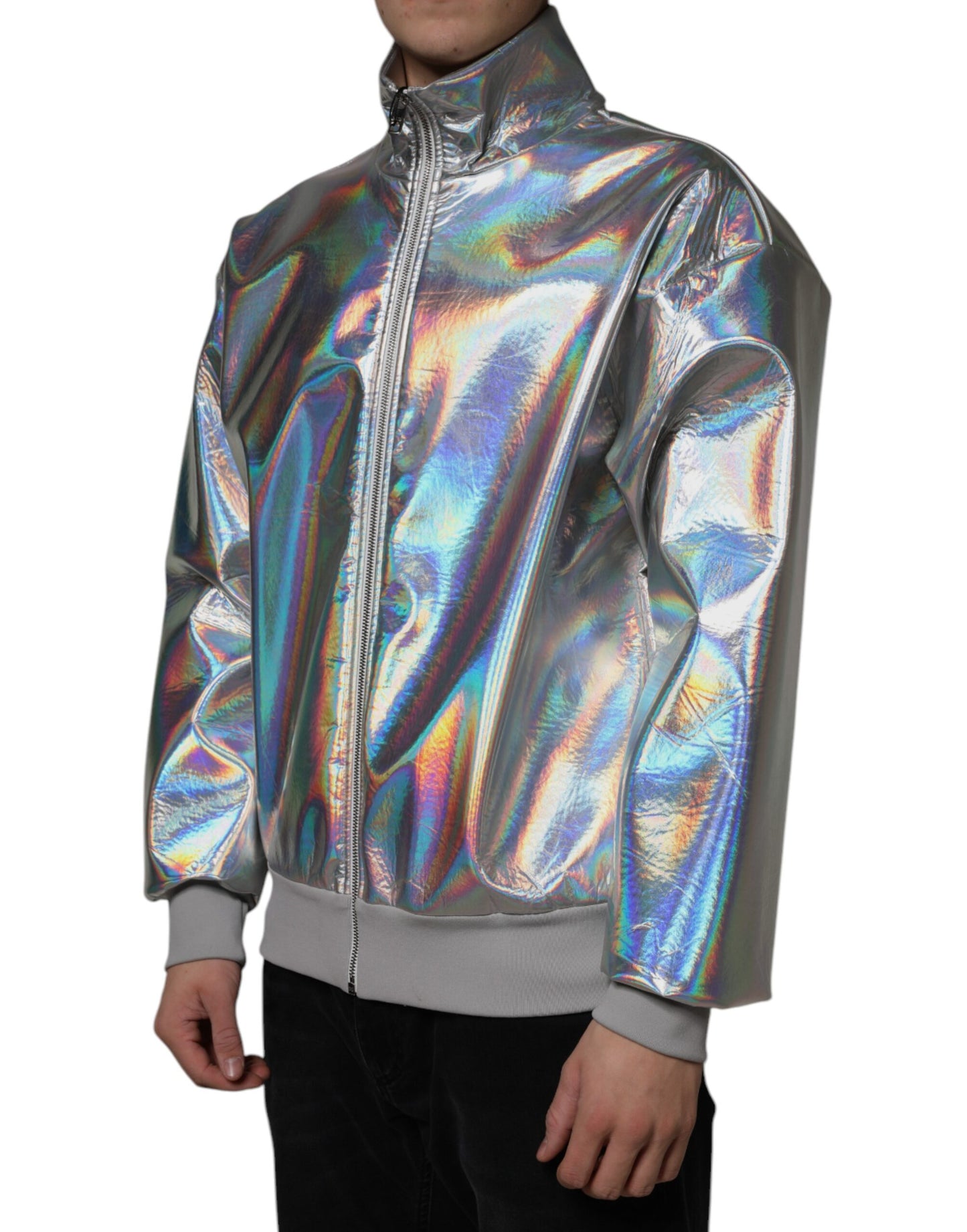 Dolce & Gabbana Silver Iridescent Full Zip Men Bomber Jacket IT50 / L