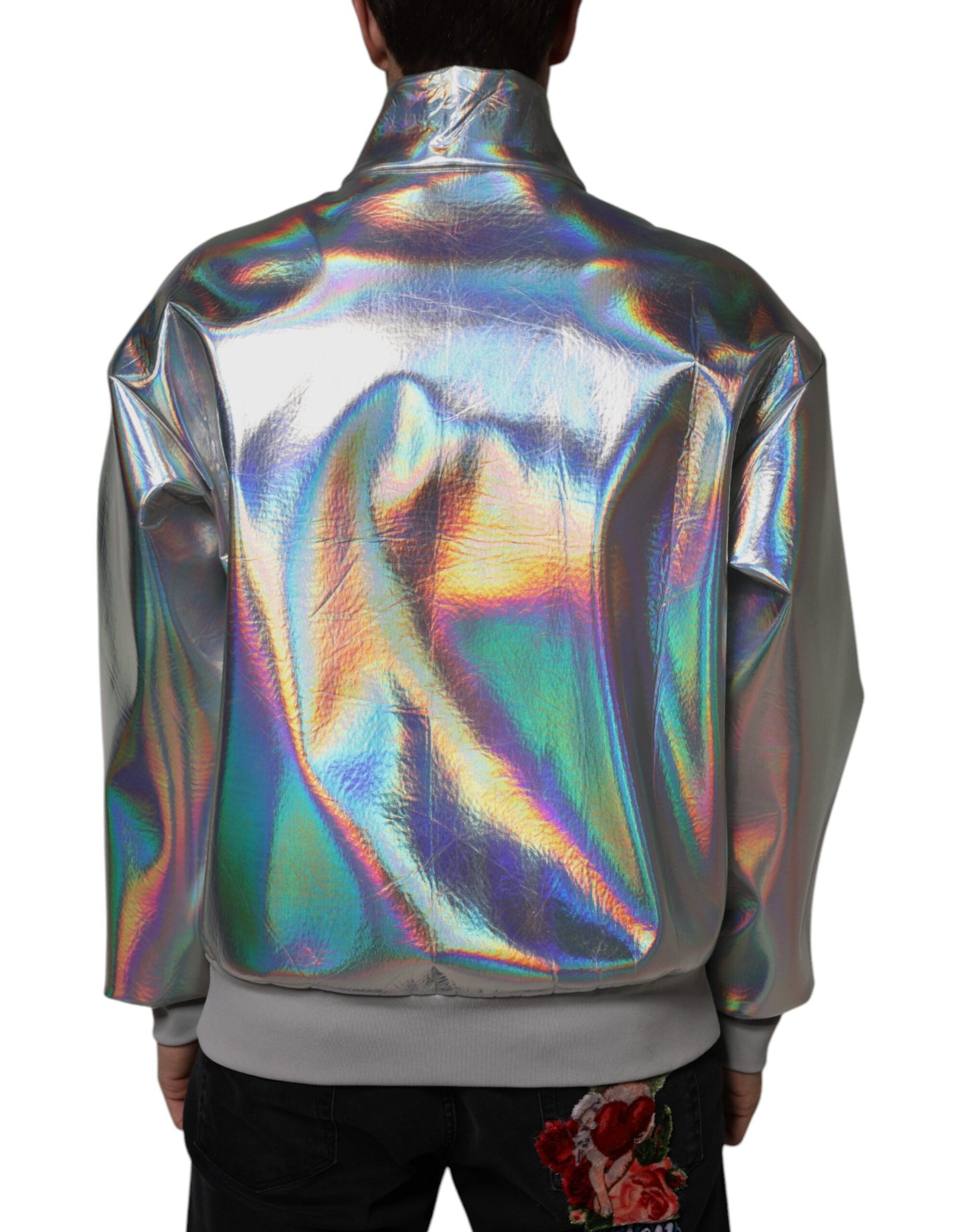 Dolce & Gabbana Silver Iridescent Full Zip Men Bomber Jacket IT50 / L