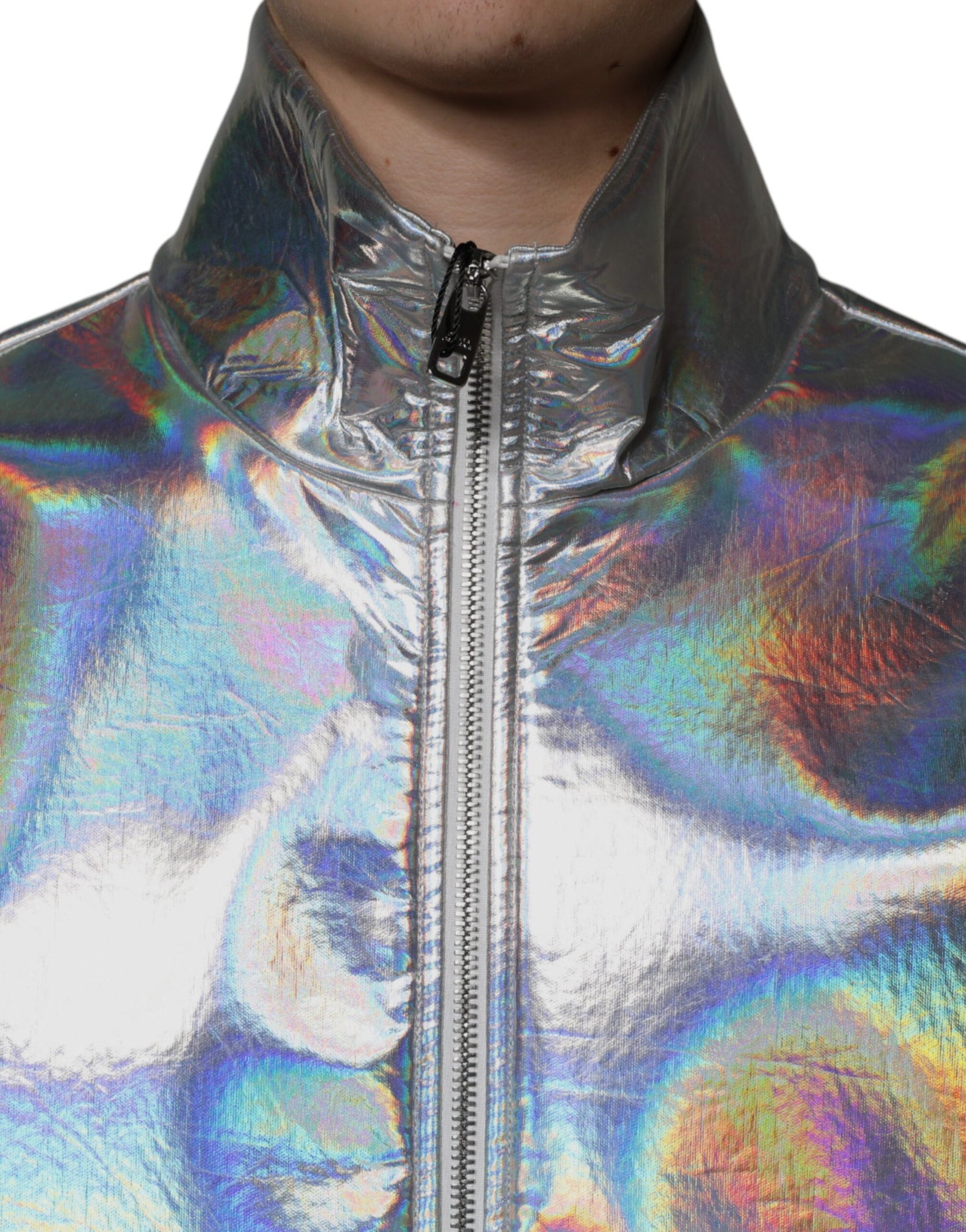 Dolce & Gabbana Silver Iridescent Full Zip Men Bomber Jacket IT50 / L