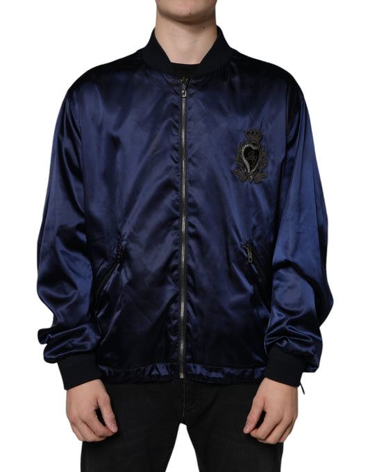 Dolce & Gabbana Blue Crown Heart Full Zip Men Bomber Jacket IT54 / XL