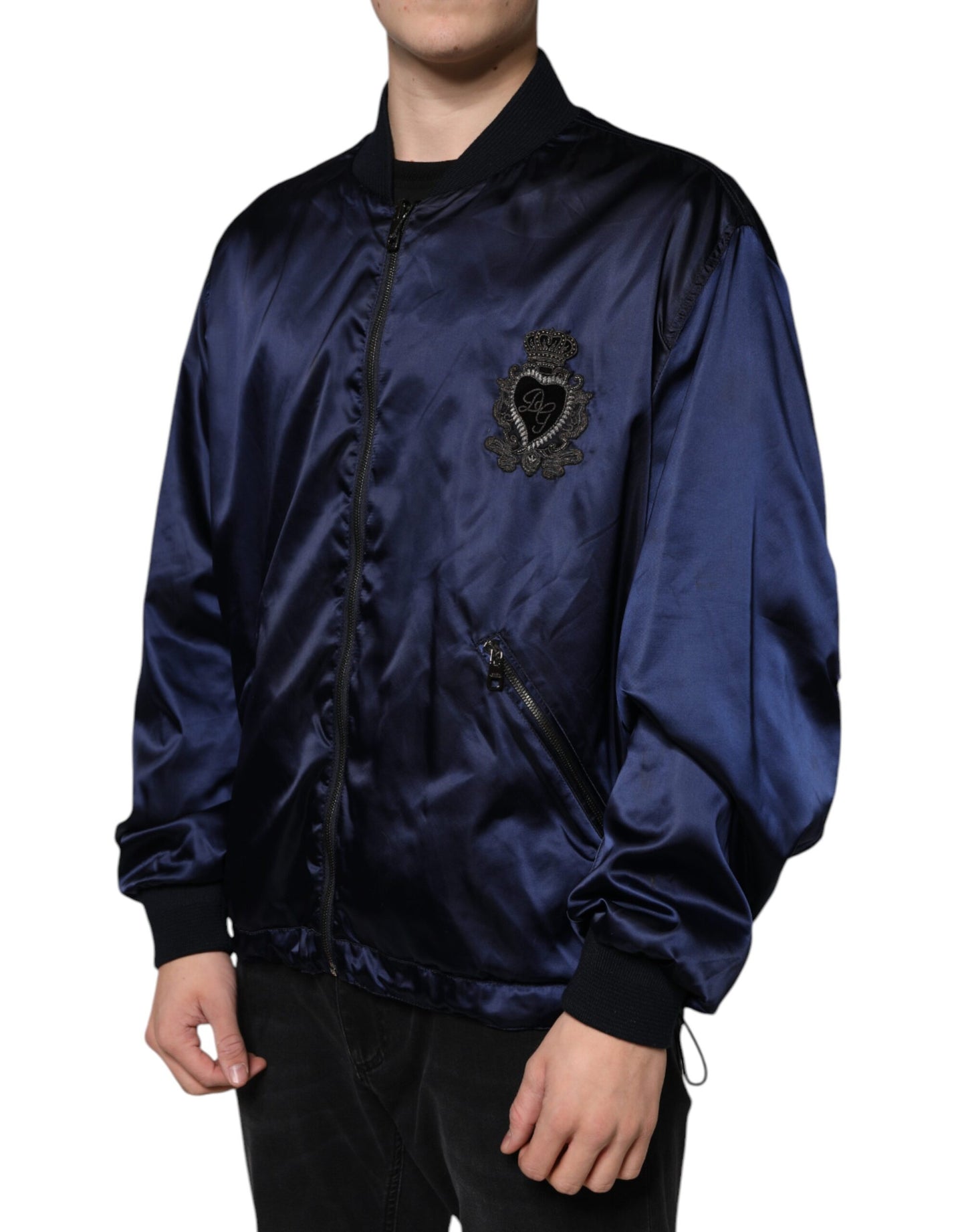 Dolce & Gabbana Blue Crown Heart Full Zip Men Bomber Jacket IT54 / XL