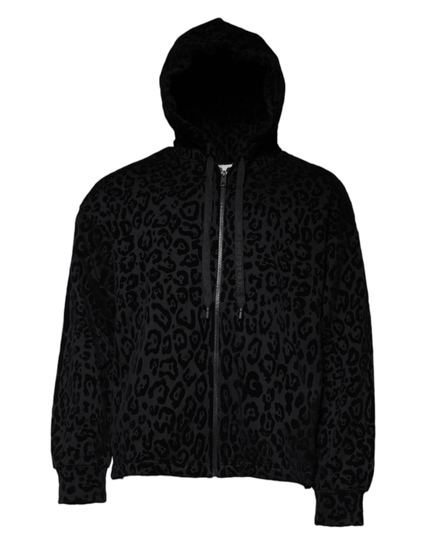 Dolce & Gabbana Black Leopard Cotton Hooded Full Zip Sweater IT48 / M