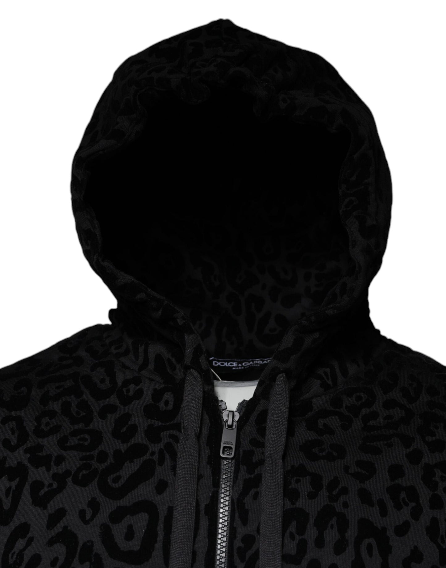 Dolce & Gabbana Black Leopard Cotton Hooded Full Zip Sweater IT48 / M