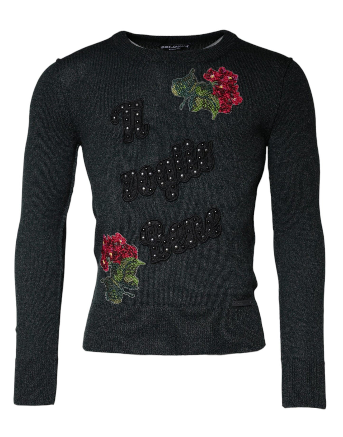 Dolce & Gabbana Gray Embellished Crew Neck Pullover Sweater IT44 / XS