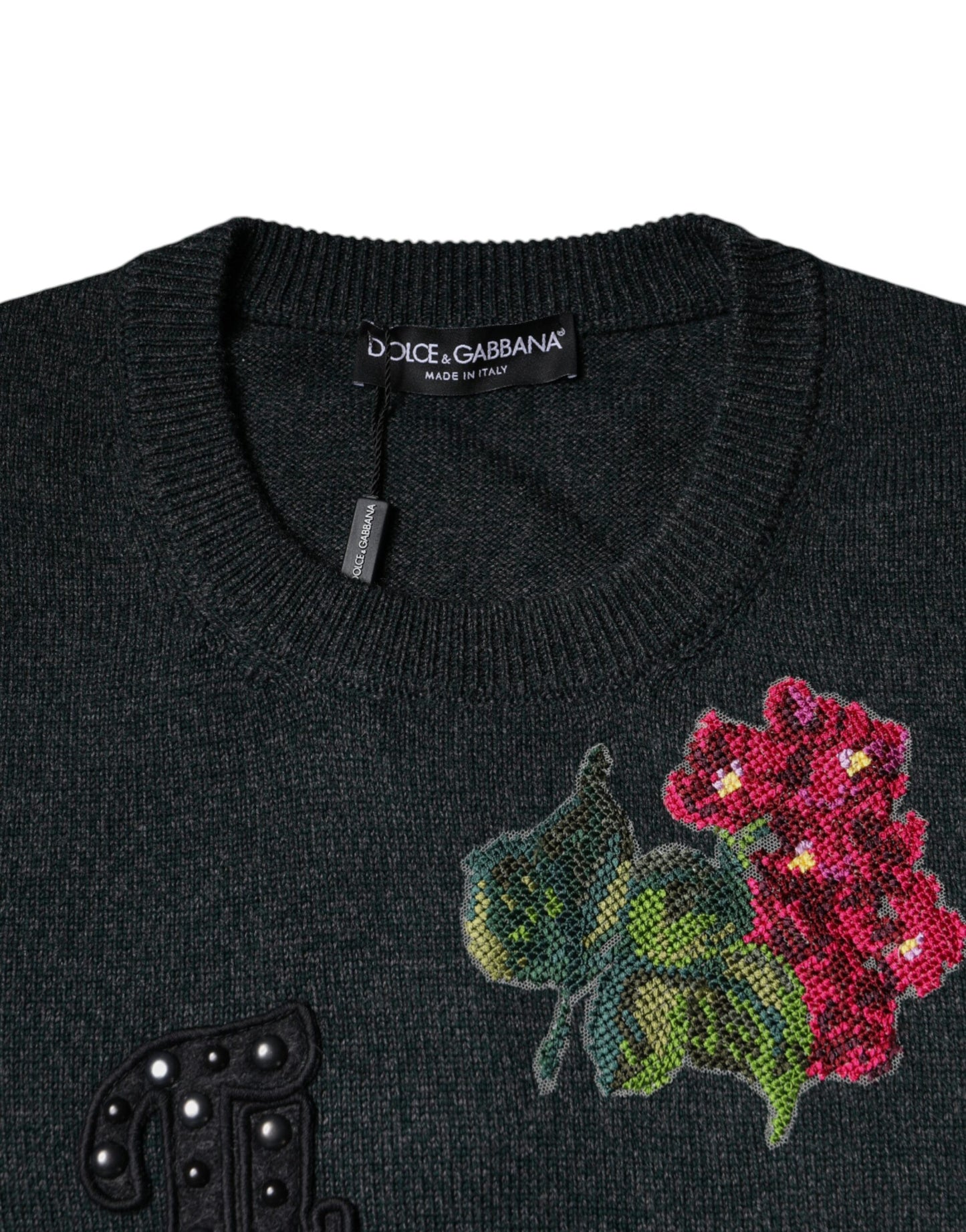 Dolce & Gabbana Gray Embellished Crew Neck Pullover Sweater IT44 / XS