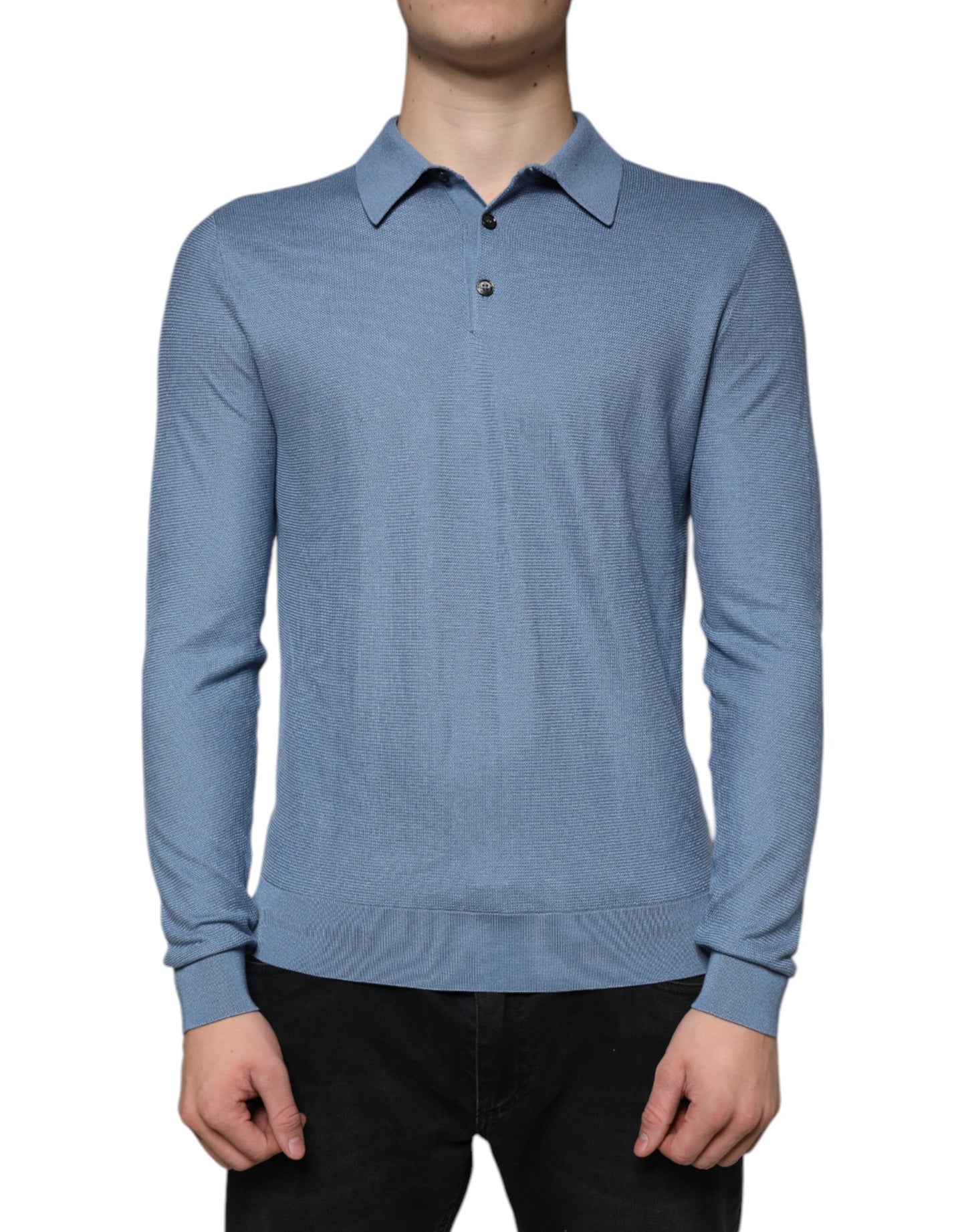 Dolce & Gabbana Sky Blue Silk Collared Men Pullover Sweater IT48 / M