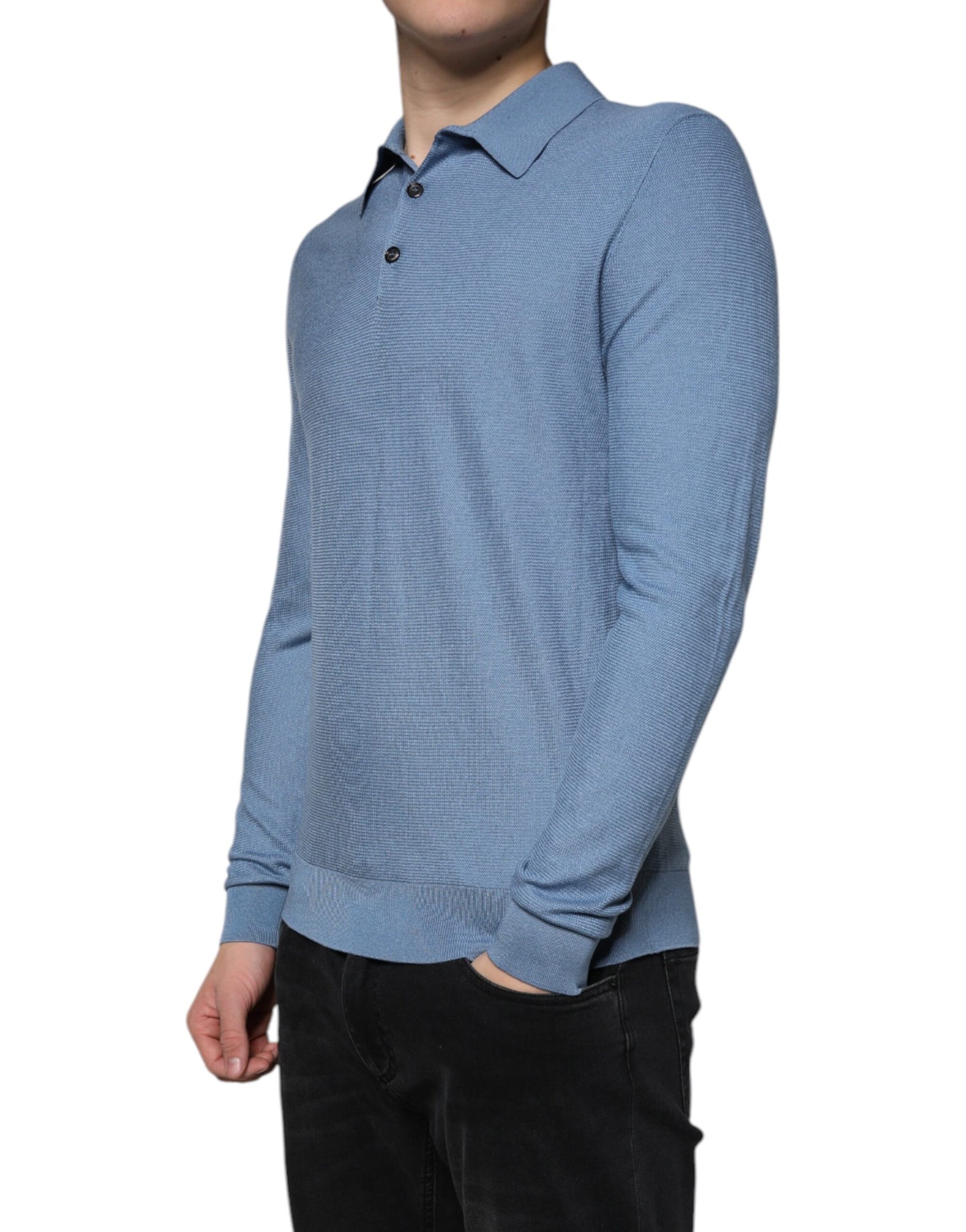 Dolce & Gabbana Sky Blue Silk Collared Men Pullover Sweater IT48 / M