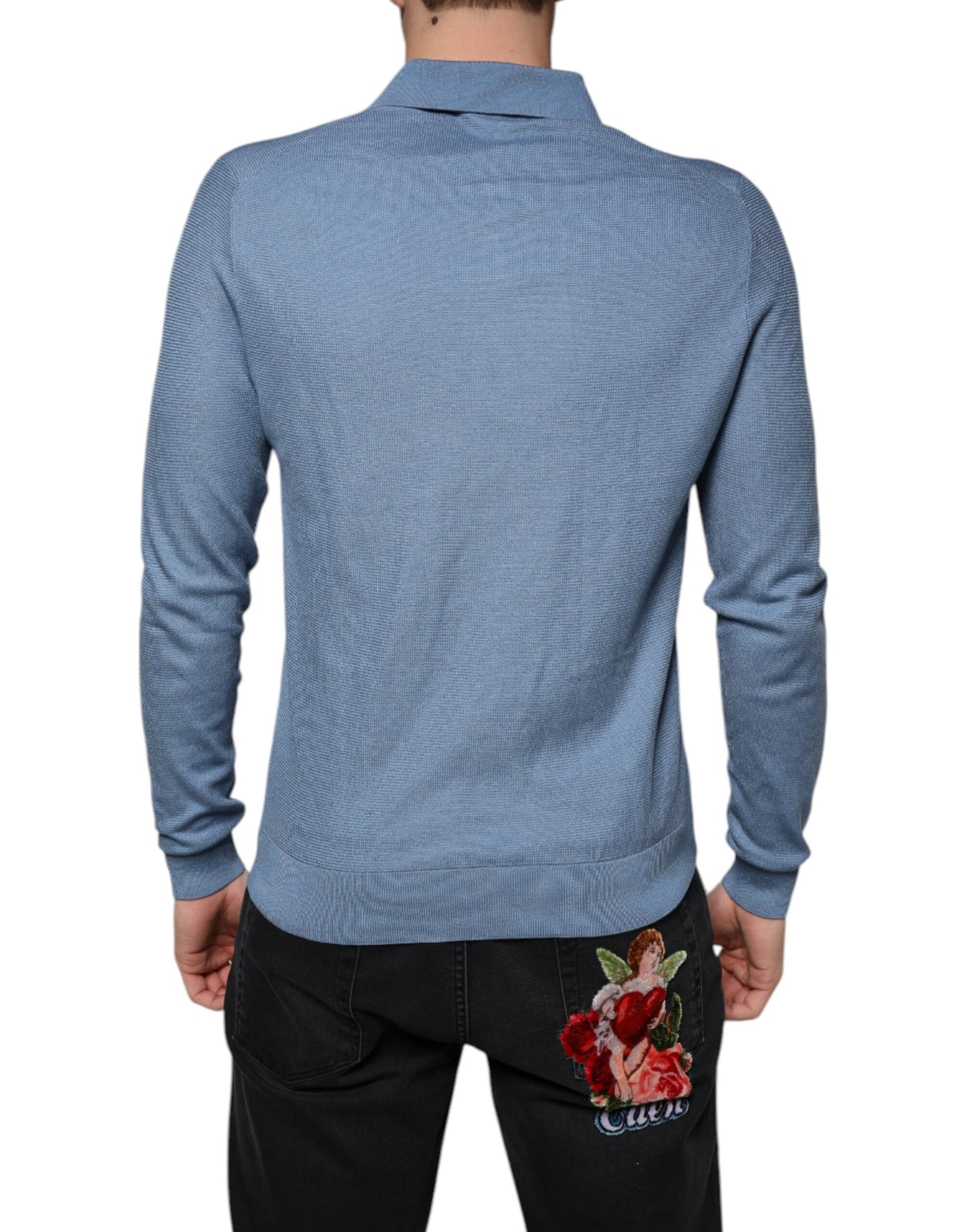 Dolce & Gabbana Sky Blue Silk Collared Men Pullover Sweater IT48 / M