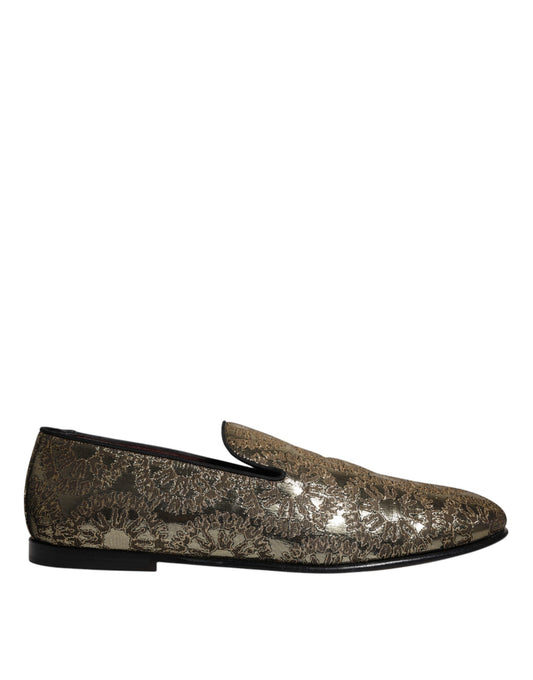 Dolce & Gabbana Gold Jacquard Flats Men Loafers Dress Shoes EU44 / US11