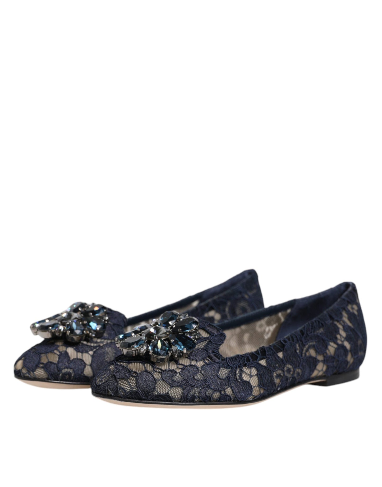 Dolce & Gabbana Blue Taormina Lace Crystals Flats Shoes EU34 / US4