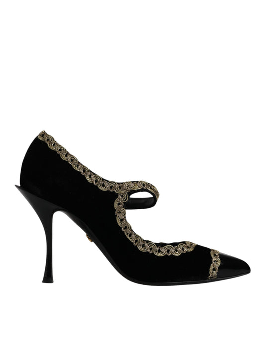 Dolce & Gabbana Black Velvet Gold Mary Janes Pumps Shoes EU38 / US8