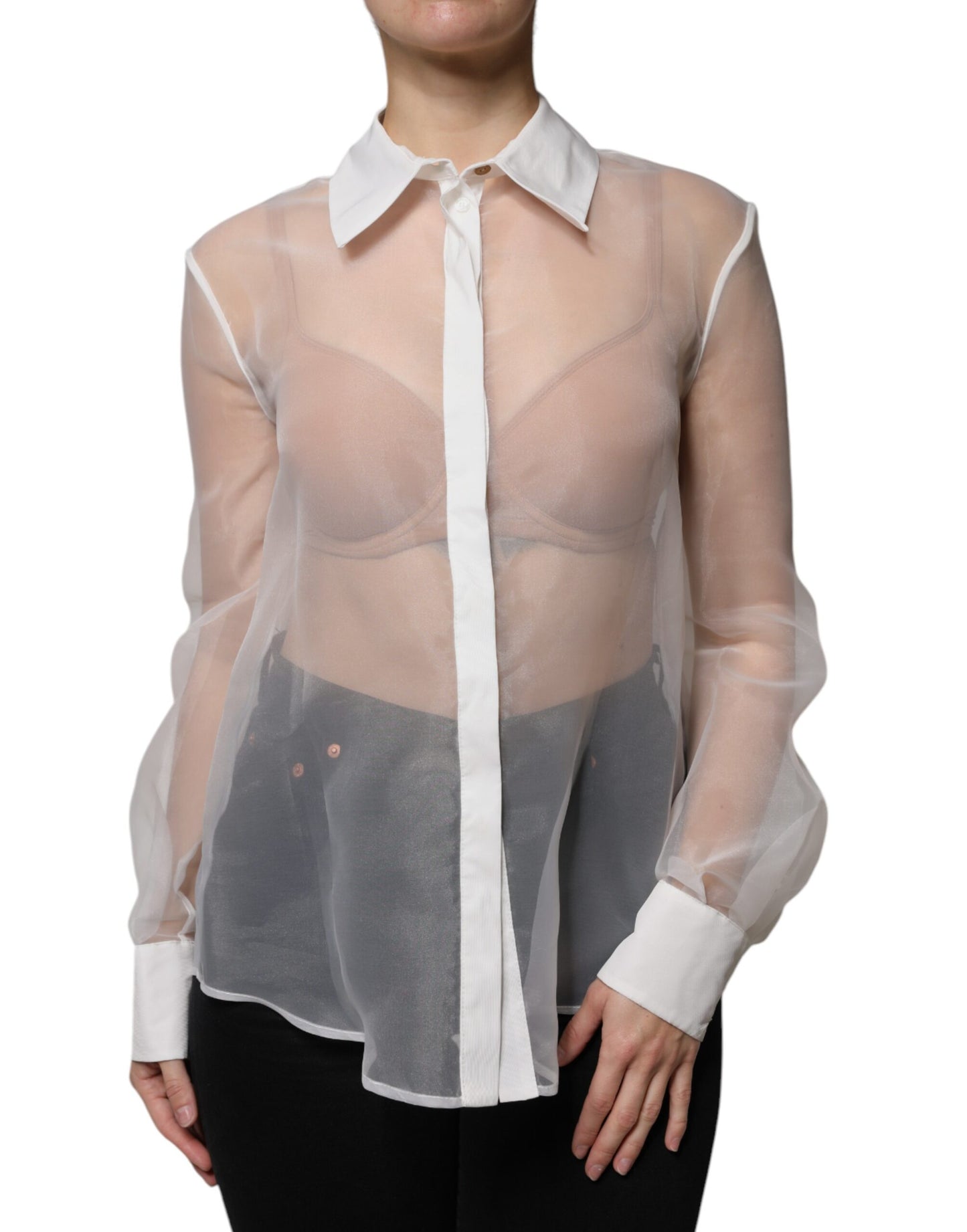 Elisabetta Franchi White Sheer Collared Buttoned Long Sleeves Top IT46 | XL