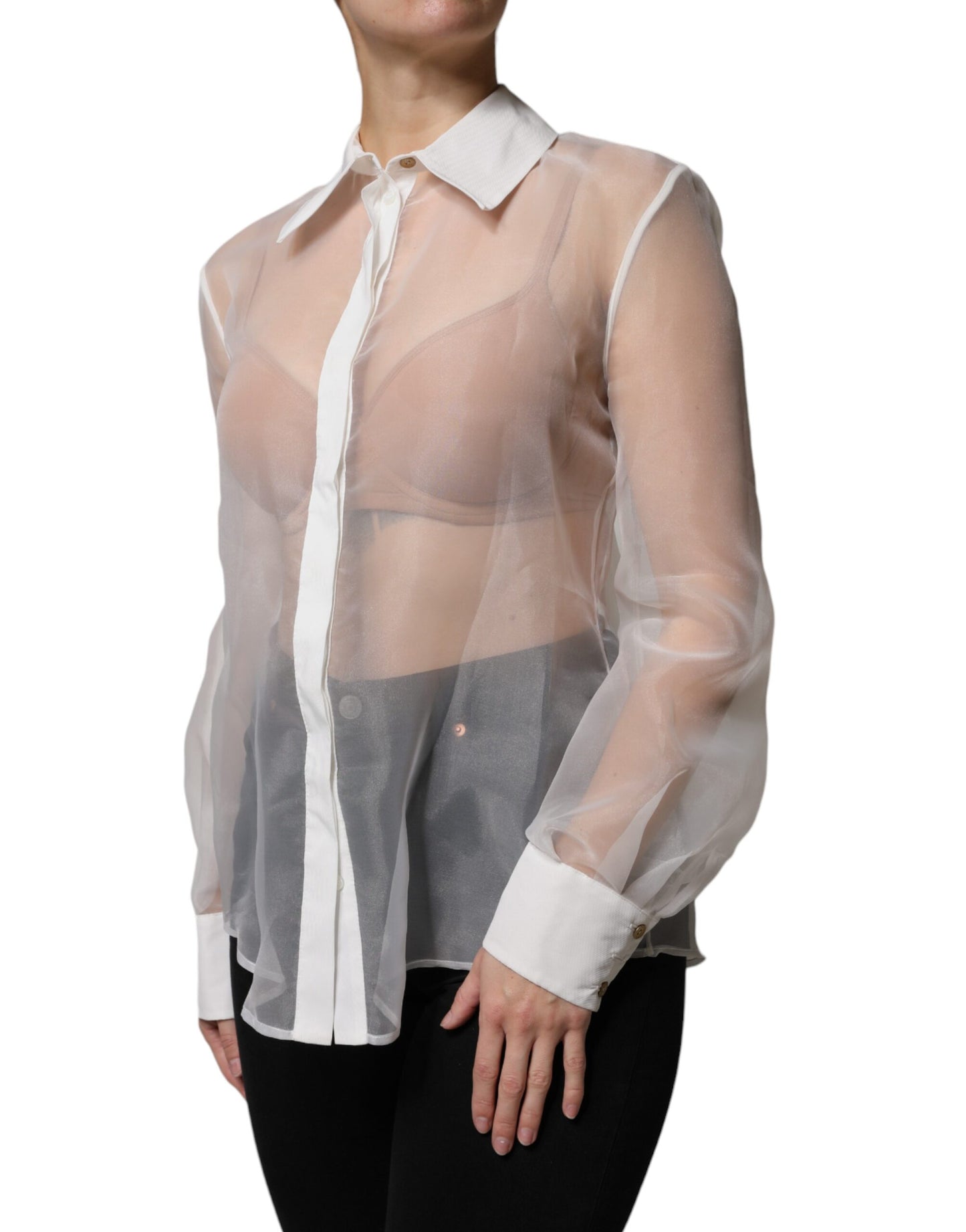 Elisabetta Franchi White Sheer Collared Buttoned Long Sleeves Top IT46 | XL