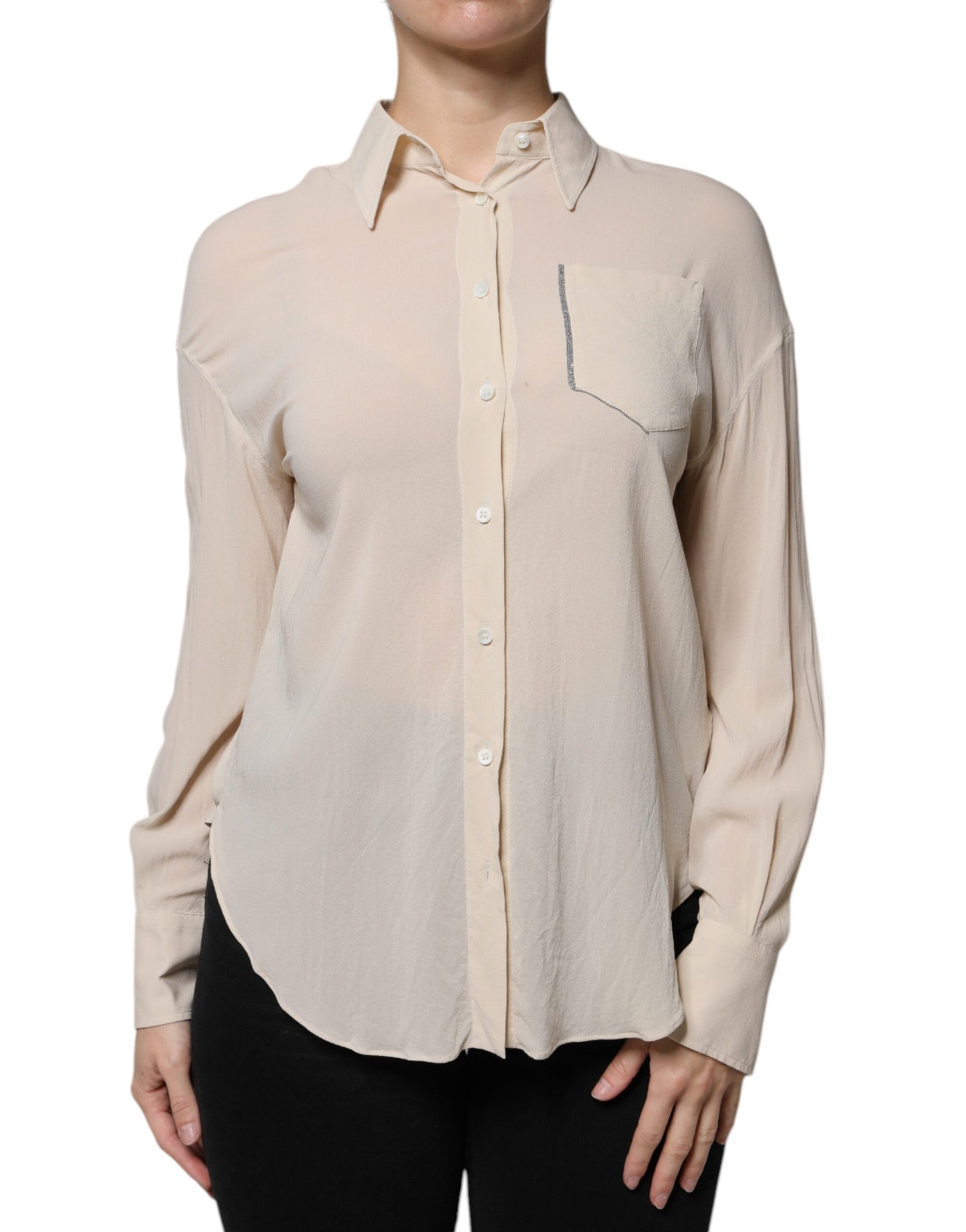 Brunello Cucinelli Beige Silk Blend Collared Button Down Top IT38 | XS