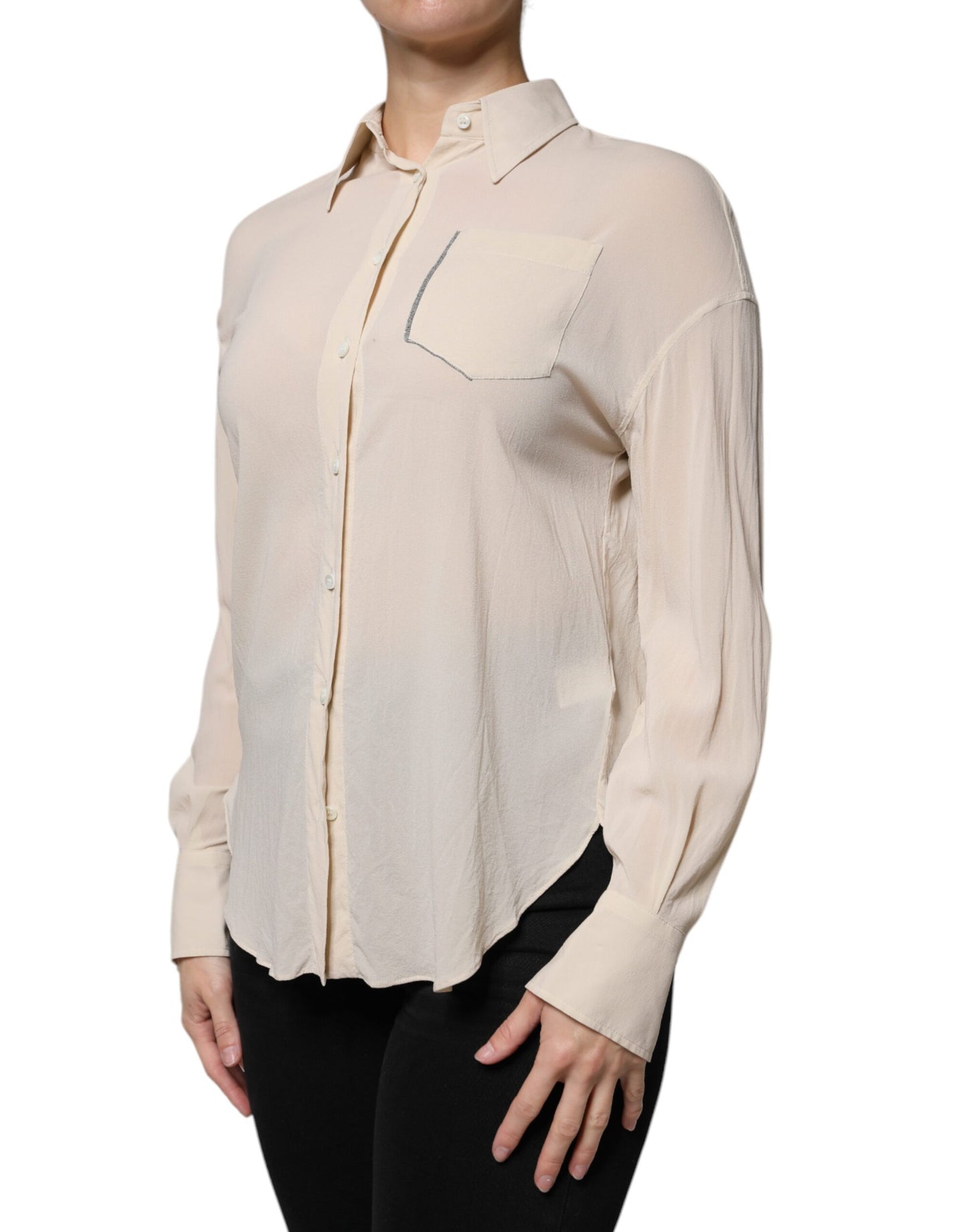 Brunello Cucinelli Beige Silk Blend Collared Button Down Top IT38 | XS